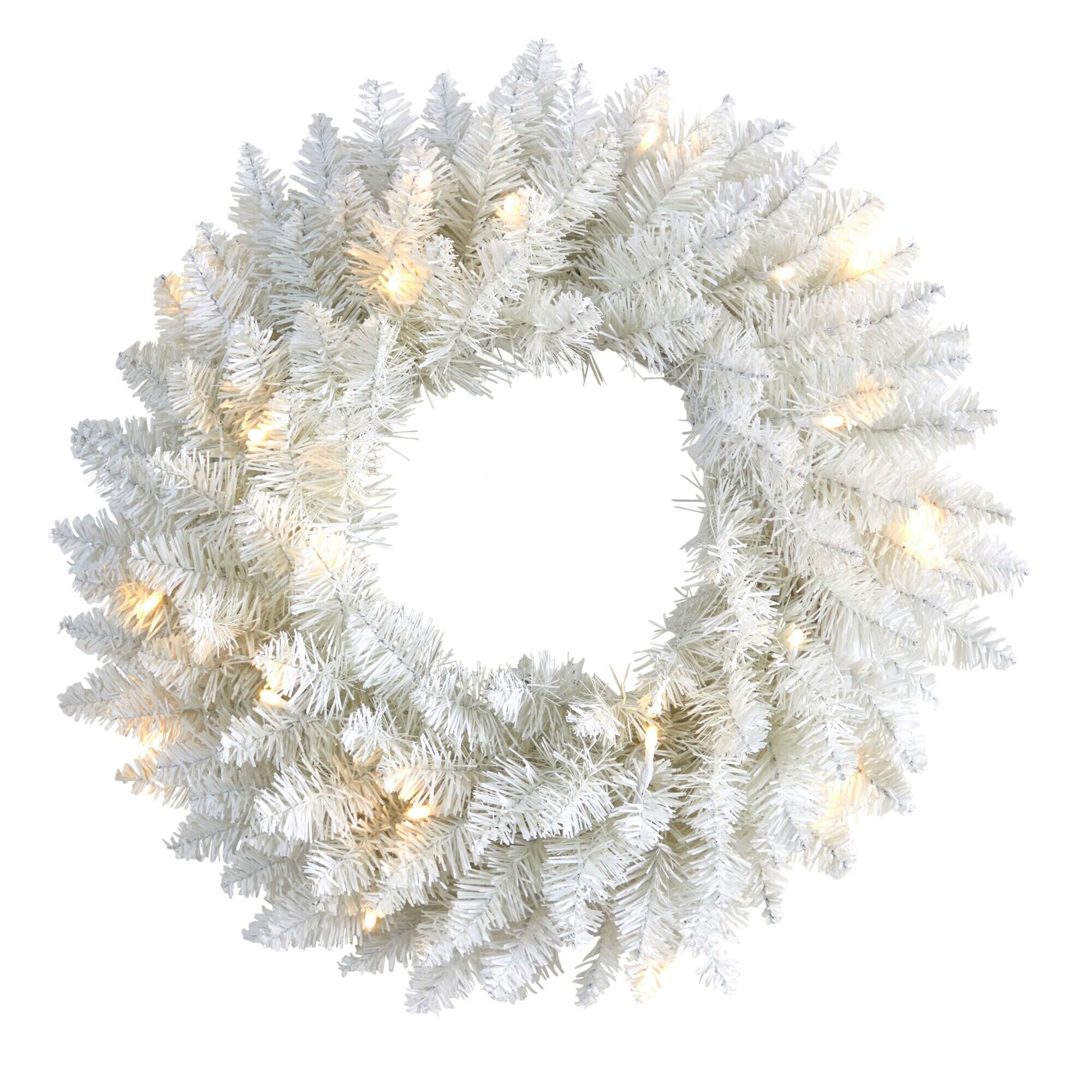 Front. BreeBe - 18” White Wreath with 20 LED Lights - White.