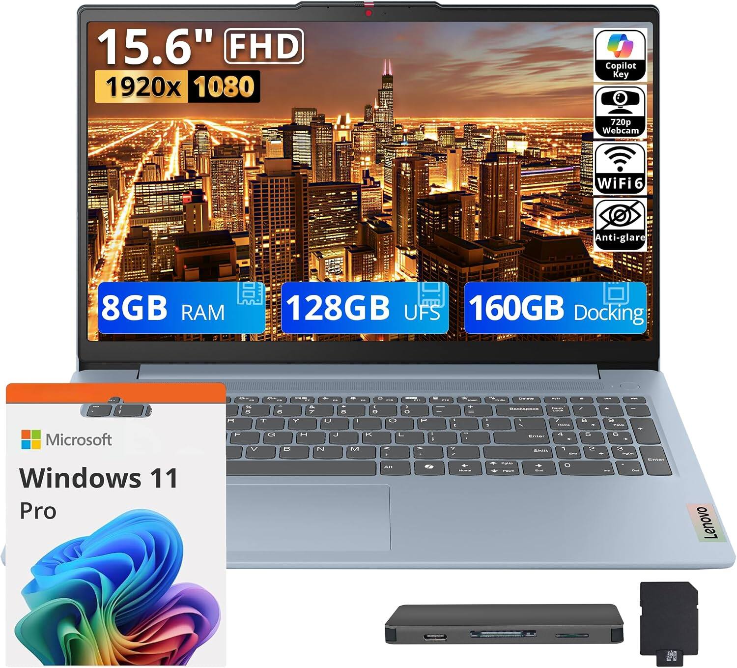 15.6" FHD 1920x1080  
Copilot Key  
720p Webcam  
WiFi6  
Anti-glare  
8GB RAM  
128GB UFS  
160GB Docking  
Microsoft  
Windows 11 Pro  
Lenovo