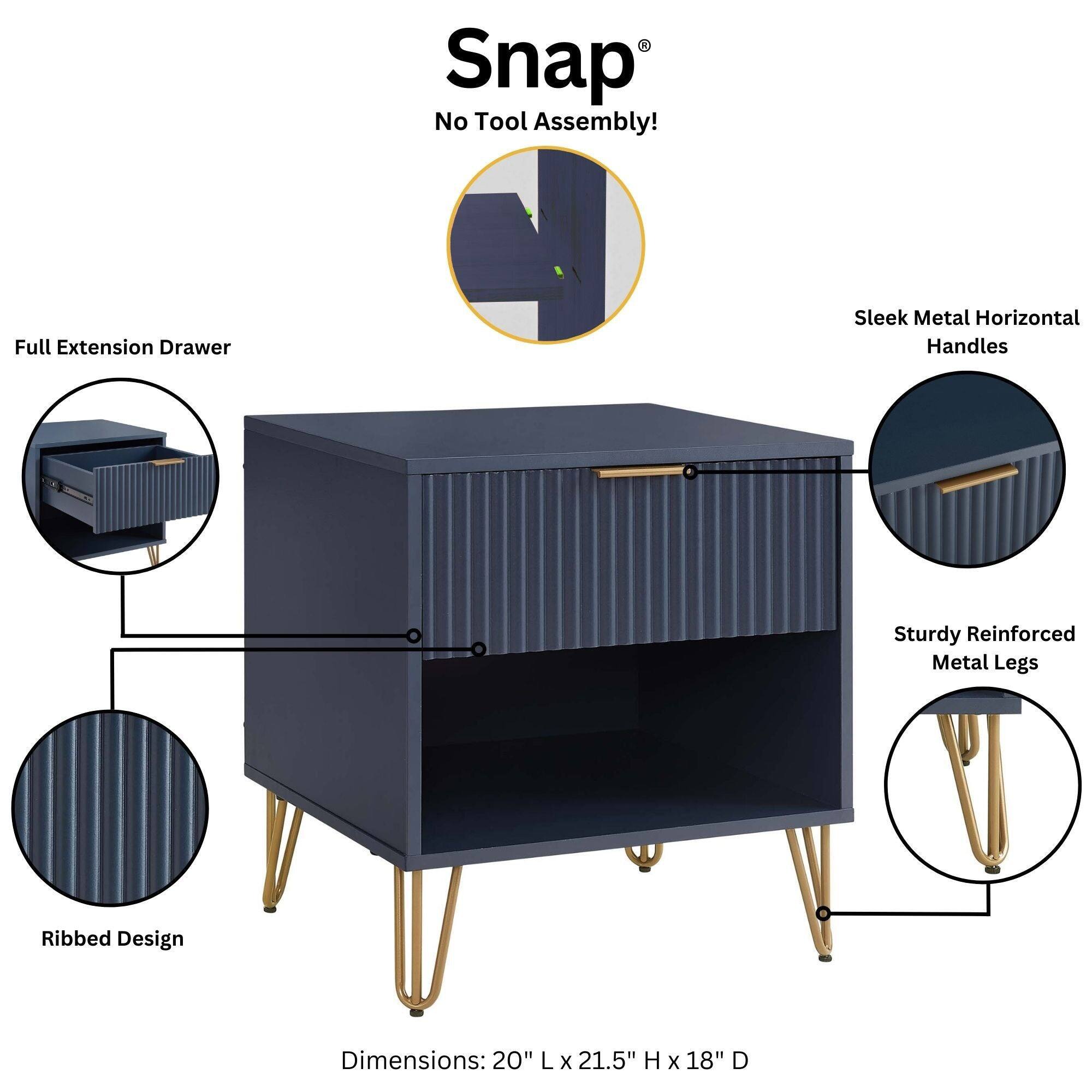 Snap®  
No Tool Assembly!  
Full Extension Drawer  
Sleek Metal Horizontal Handles  
Sturdy Reinforced Metal Legs  
Ribbed Design  
Dimensions: 20" L x 21.5" H x 18" D