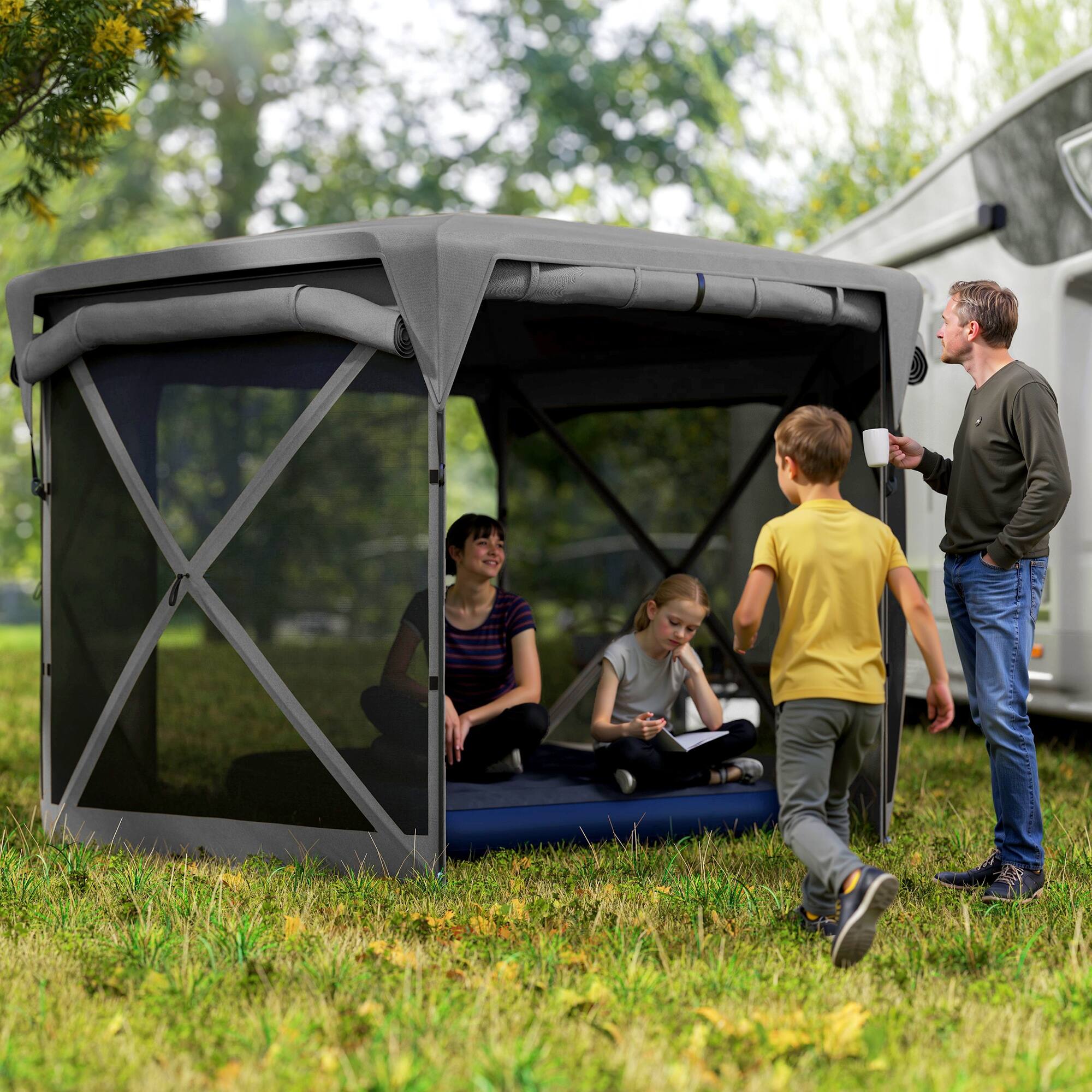 Angle. Outsunny - Pop Up Gazebo Screen Tent House, 11 x 11ft with UPF30+ Removable Roof Cover, 4 Roll-up Wind Panels and Carry Bag - Dark Gray.
