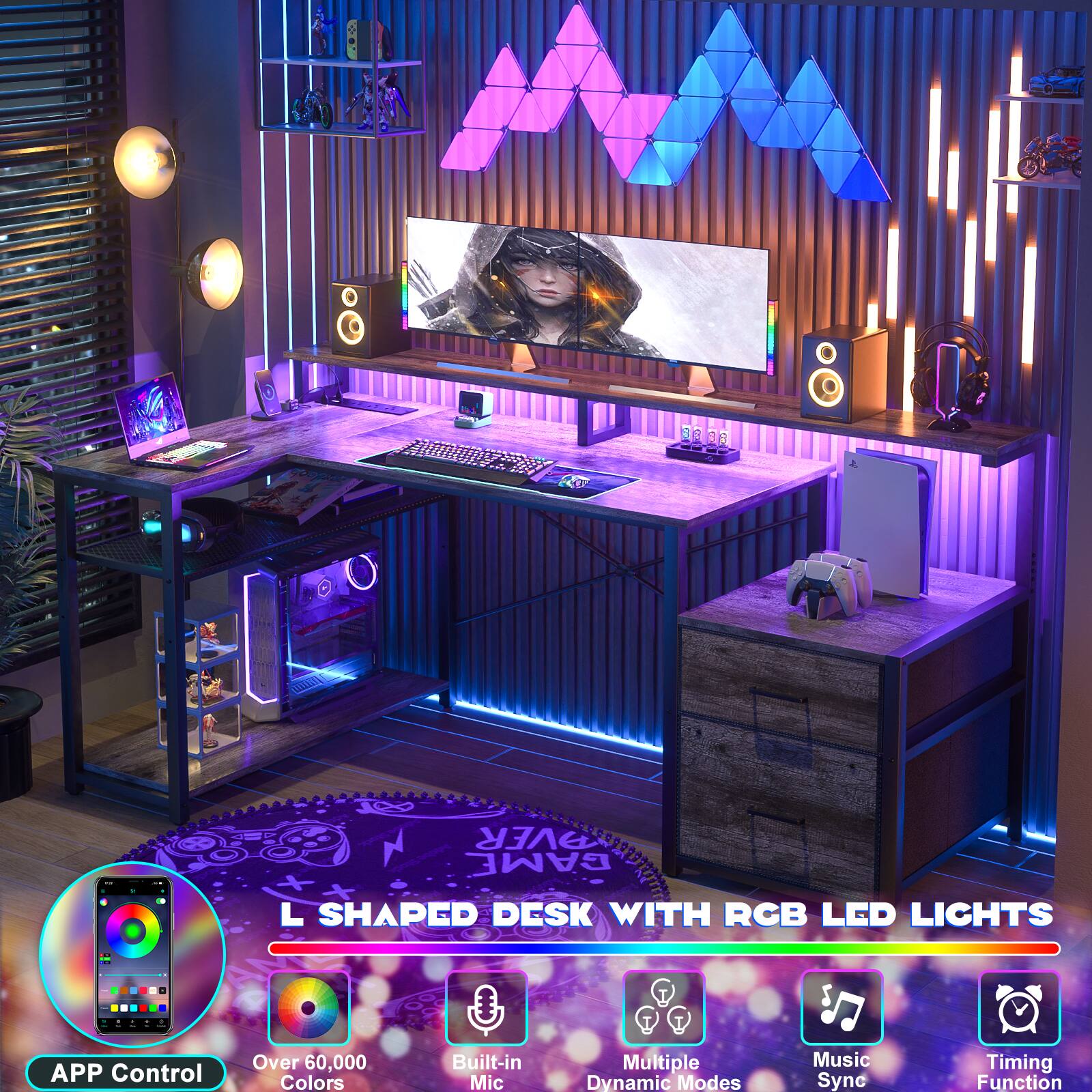 L SHAPED DESK WITH RGB LED LIGHTS  
APP Control  
Over 60,000 Colors  
Built-in Mic  
Multiple Dynamic Modes  
Music Sync  
Timing Function