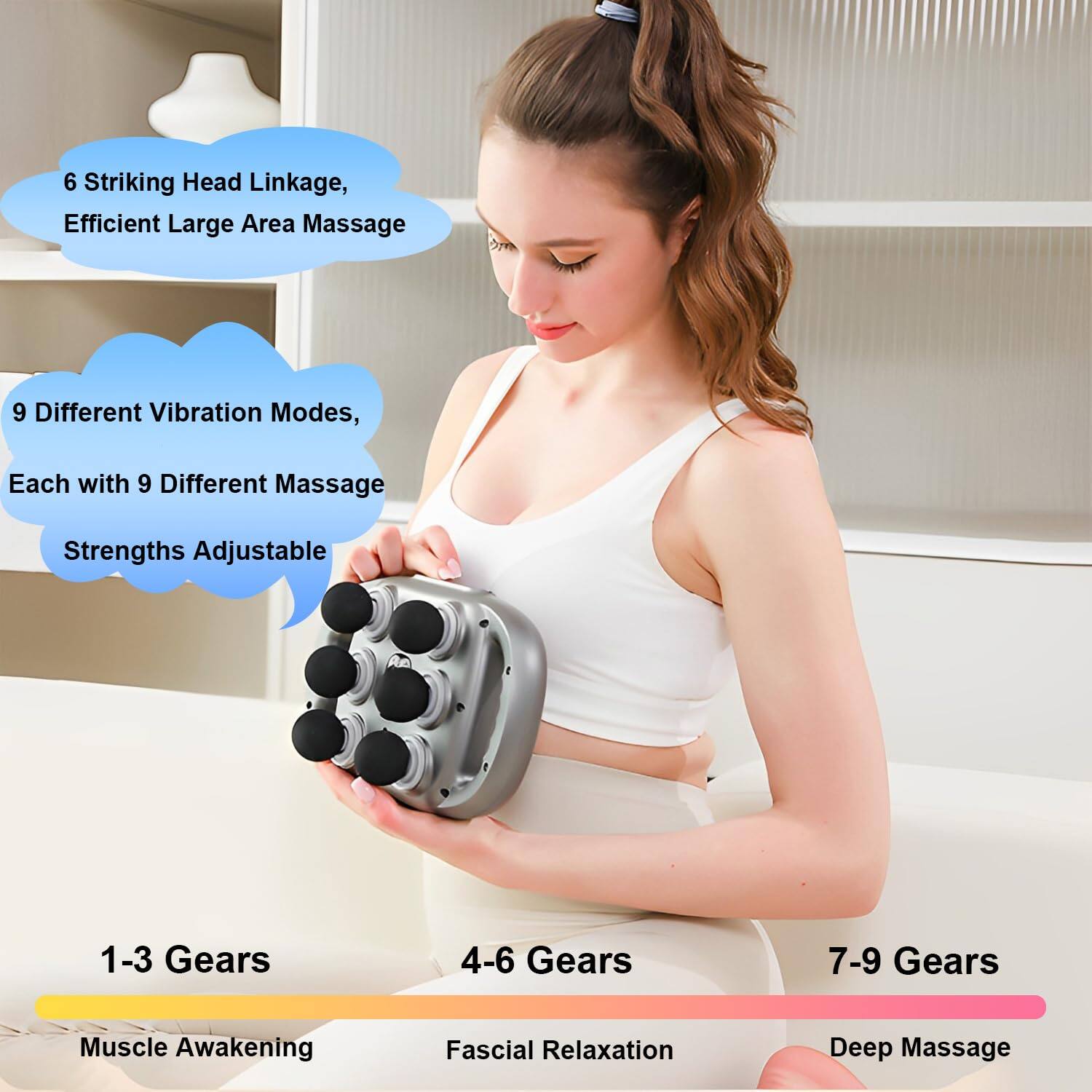 6 Striking Head Linkage, Efficient Large Area Massage

9 Different Vibration Modes, Each with 9 Different Massage Strengths Adjustable

1-3 Gears: Muscle Awakening

4-6 Gears: Fascial Relaxation

7-9 Gears: Deep Massage