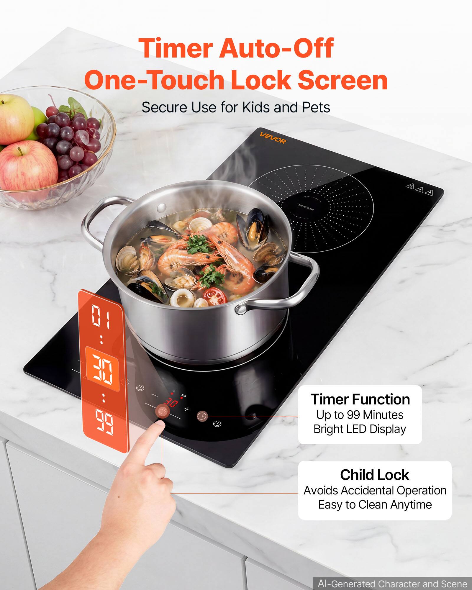 Timer Auto-Off One-Touch Lock Screen Secure Use for Kids and Pets

VEVOR

Timer Function Up to 99 Minutes Bright LED Display

Child Lock Avoids Accidental Operation Easy to Clean Anytime

AI-Generated Character and Scene