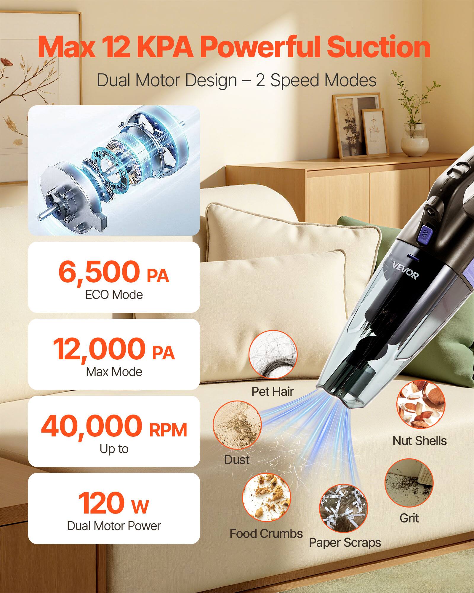 Max 12 KPA Powerful Suction  
Dual Motor Design - 2 Speed Modes  

6,500 PA  
ECO Mode  

12,000 PA  
Max Mode  

40,000 RPM  
Up to  

120 W  
Dual Motor Power  

Pet Hair  
Dust  
Nut Shells  
Food Crumbs  
Paper Scraps  
Grit