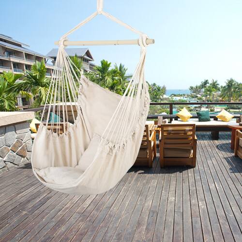 Alt View 6. Winado - Hammock Chair Hanging Rope Swing, Macrame Hammock Swing Seat with 2 Cushions, Portable Steel Spreader Bar for In/Outdoor - Beige.