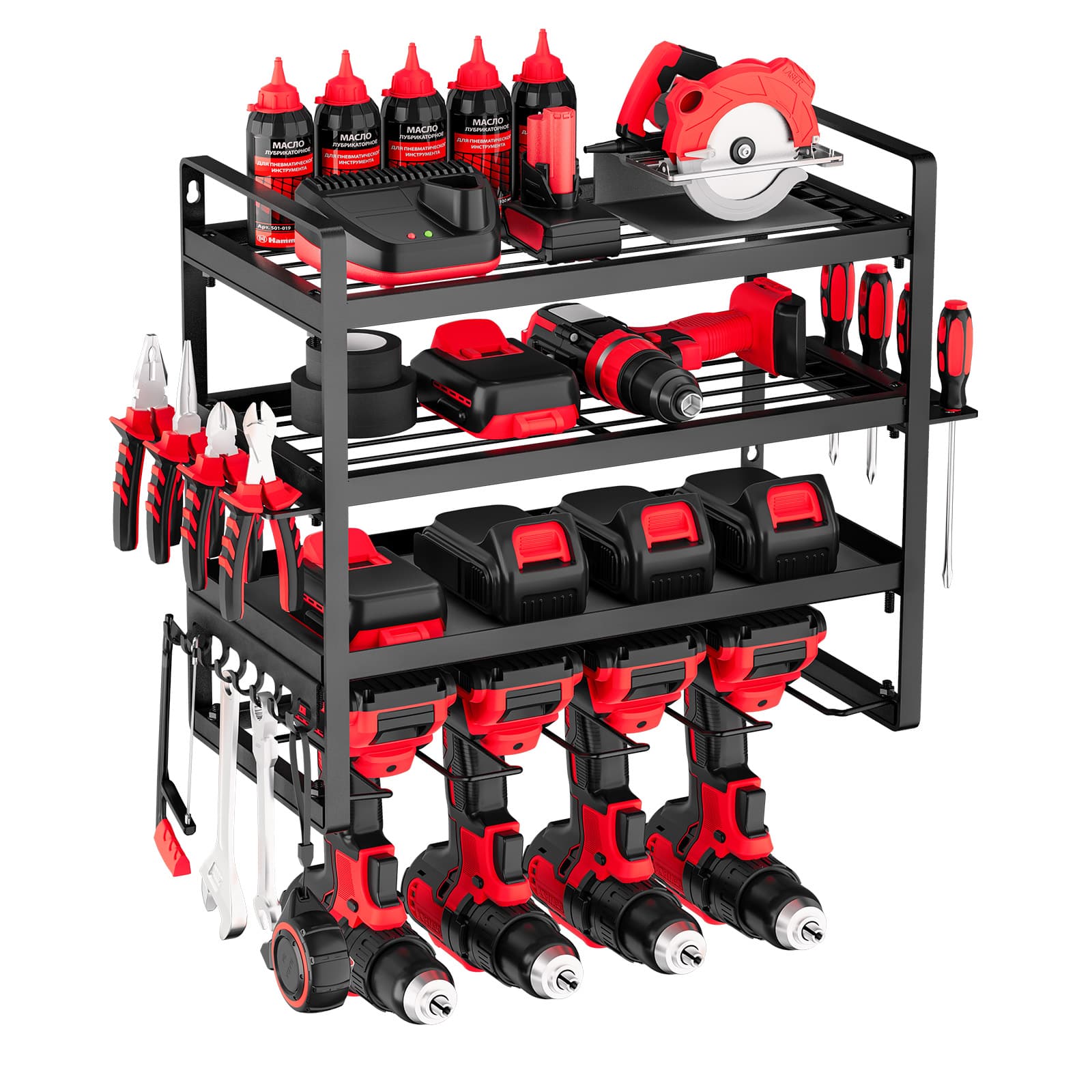 VEVOR - Power Tool Organizer Wall Mount, 4-Layer Storage Rack with 4 Drill Holders, Tools Holder and Storage Rack - Black