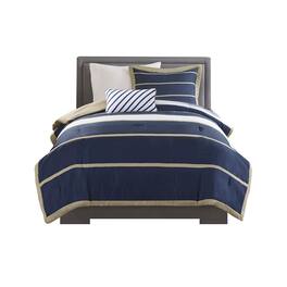 Gracie Mills - Eudora 4-Piece Classic Stripes Comforter Set - Khaki/Navy