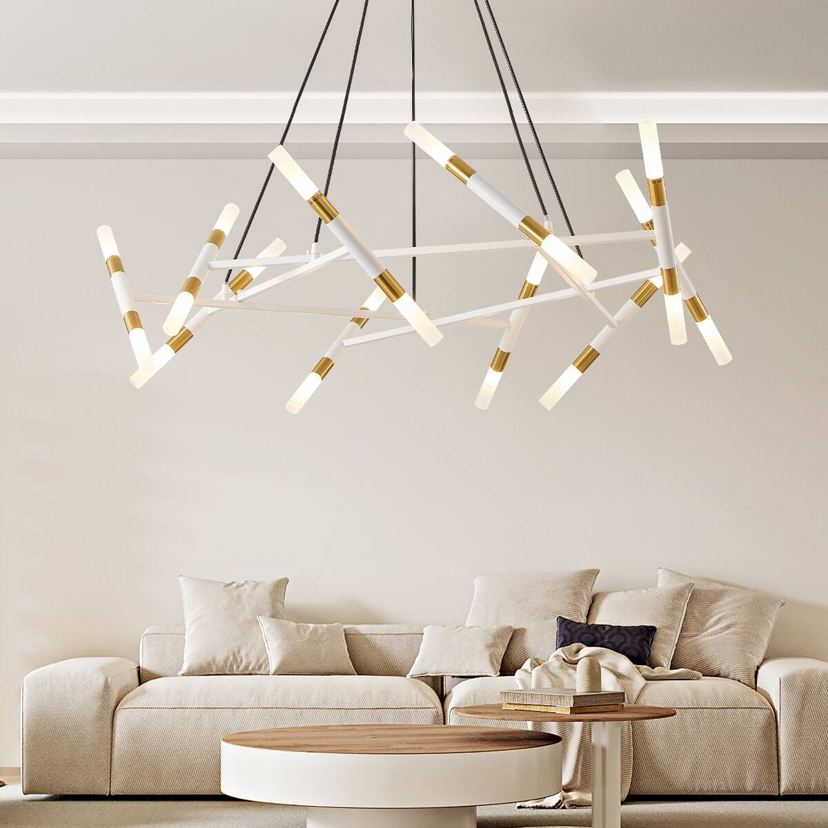 Back. Loheer - Loheer 41 Inch Modern Branch Chandelier White and Gold Frosted Tube Pendant Light.