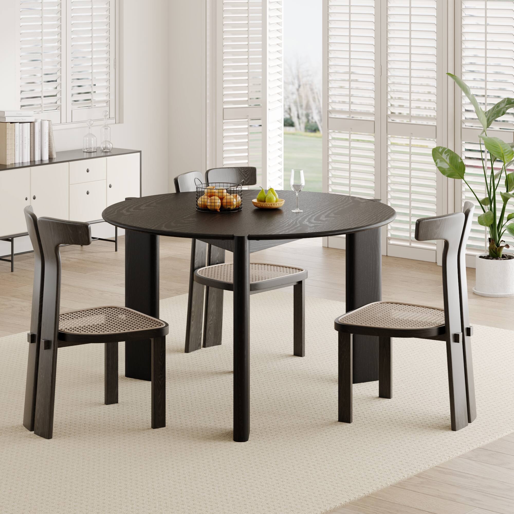 Angle. Lirago - 42" Solid Wood Round Dining Table with Double Pedestal Large Kitchen Table Seats 6 for Dining Room - Black.