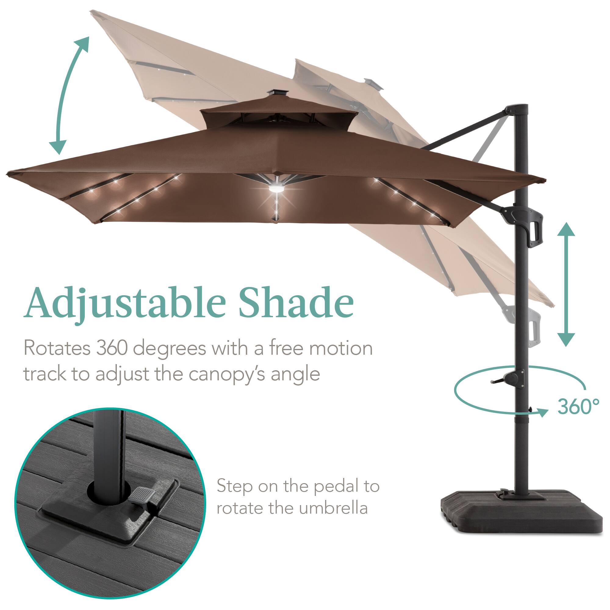 Adjustable Shade  
Rotates 360 degrees with a free motion track to adjust the canopy's angle  

Step on the pedal to rotate the umbrella