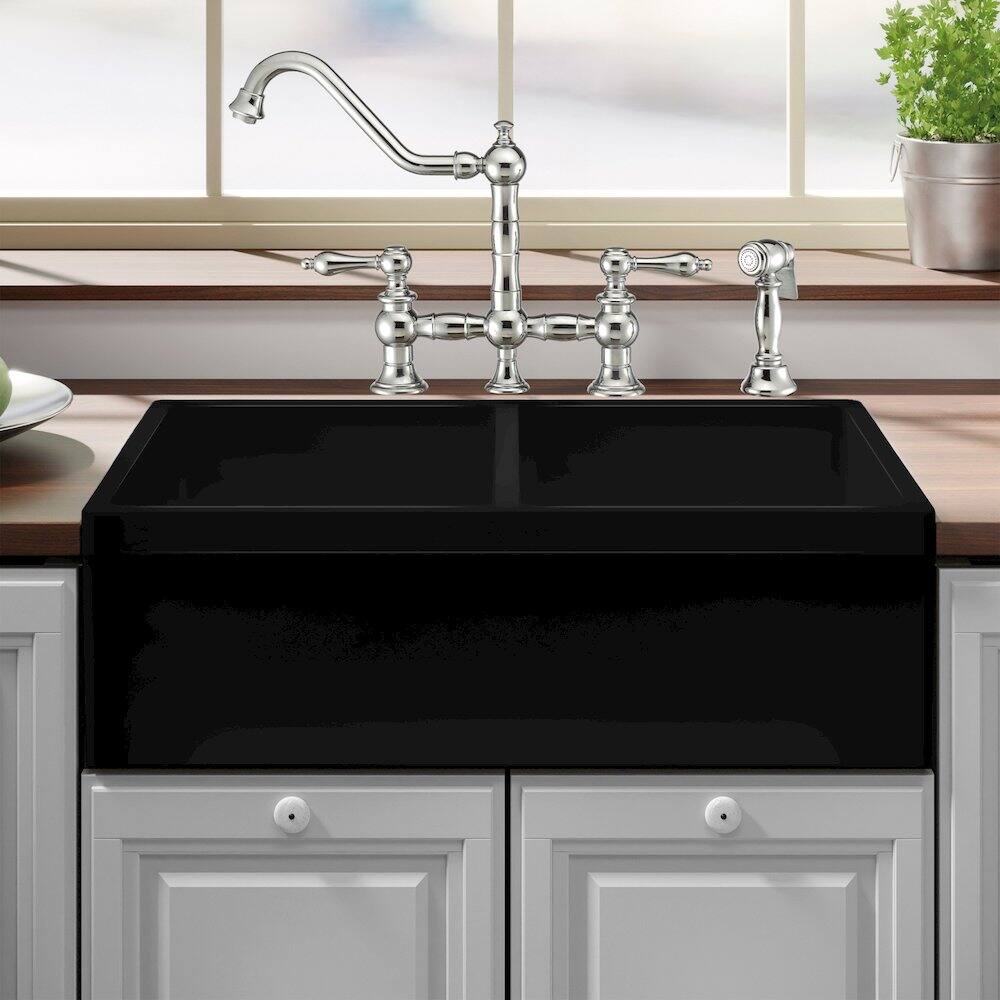 Angle. Whitehaus - Farmhaus Fireclay Quatro Alcove Reversible Double Bowl Sink with 2" Lip on One Side and 2 ½" Lip on the Opposite Side - Black.