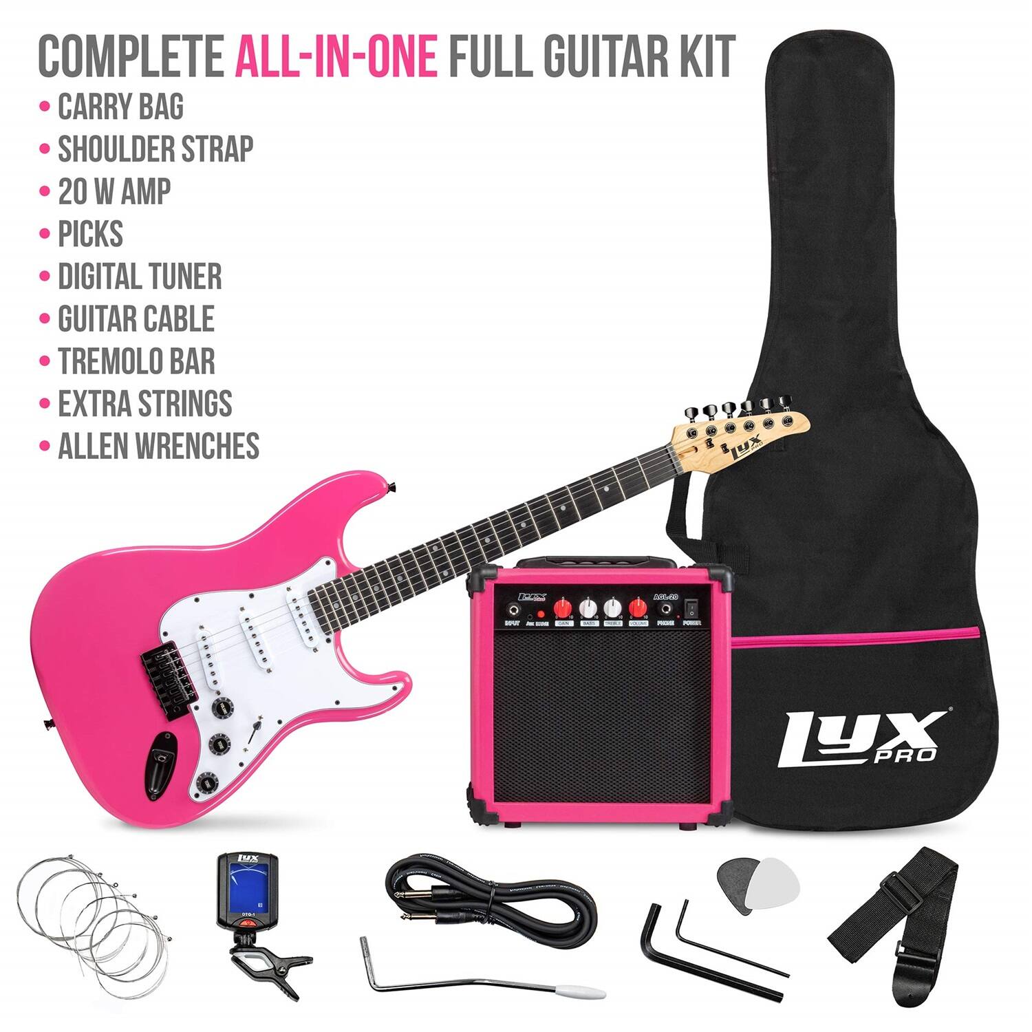 COMPLETE ALL-IN-ONE FULL GUITAR KIT
CARRY BAG
SHOULDER STRAP
20 W AMP
PICKS
DIGITAL TUNER
GUITAR CABLE
TREMOLO BAR
EXTRA STRINGS
ALLEN WRENCHES
LYX PRO IMK