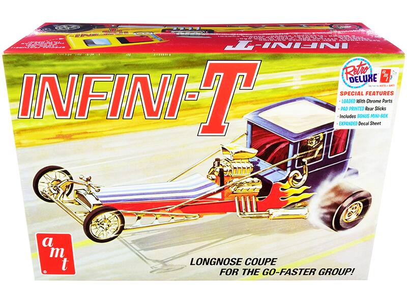 INFINI-T  
Retro Deluxe  
SPECIAL FEATURES  
- LOADED With Chrome Parts  
- PAD PRINTED Rear Slicks  
- Includes BONUS MINI-BOX  
- EXPANDED Decal Sheet  

LONGNOSE COUPE  
FOR THE GO-FASTER GROUP!  

a m t
