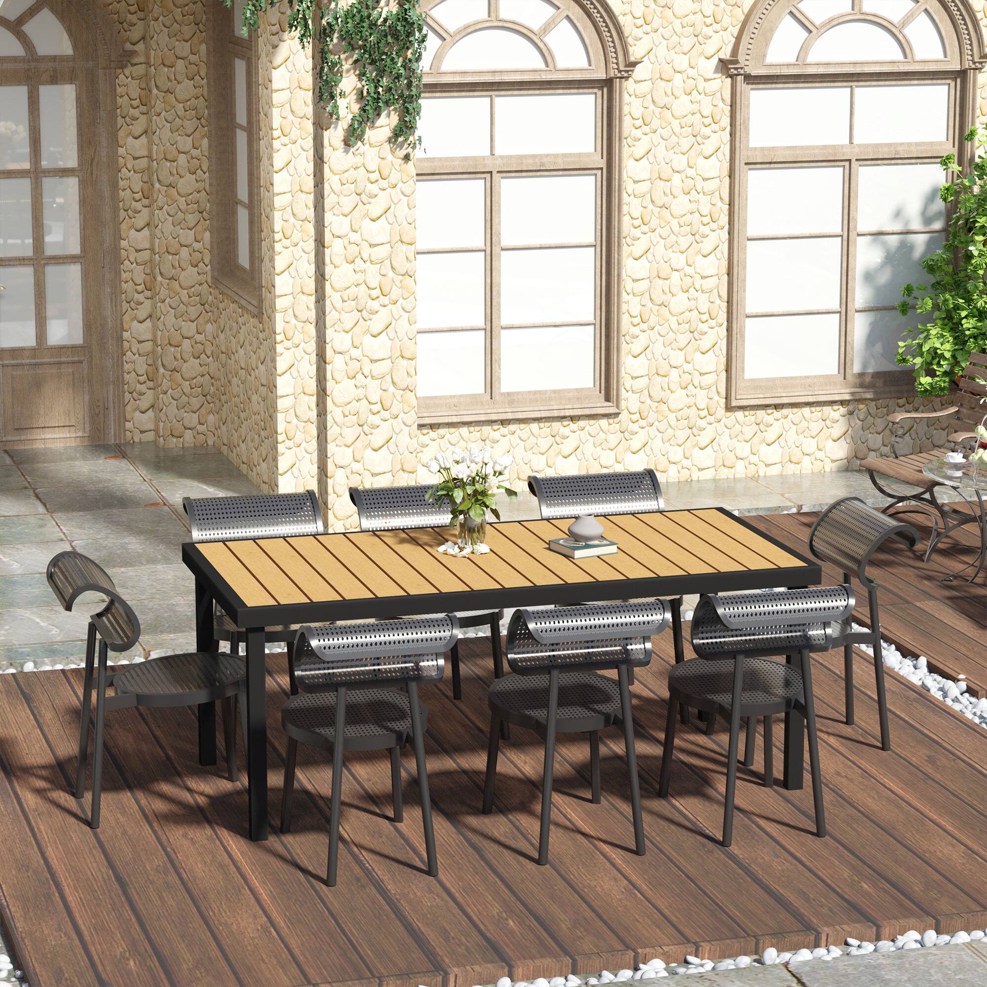 Alt View 1. Outsunny - 75" x 35" Outdoor Dining Table for 8 People, Rectangular Aluminum Frame Garden Table with All-Weather Faux Wood Top - Natural Wood.