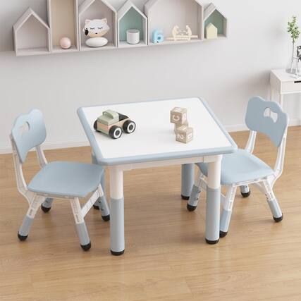 Front. Babevy - Kids Table and 4 Chairs Set, Height Adjustable Table and Chair Set,Graffiti Desktop, Children Multi-Activity Table for 4 - Grey.