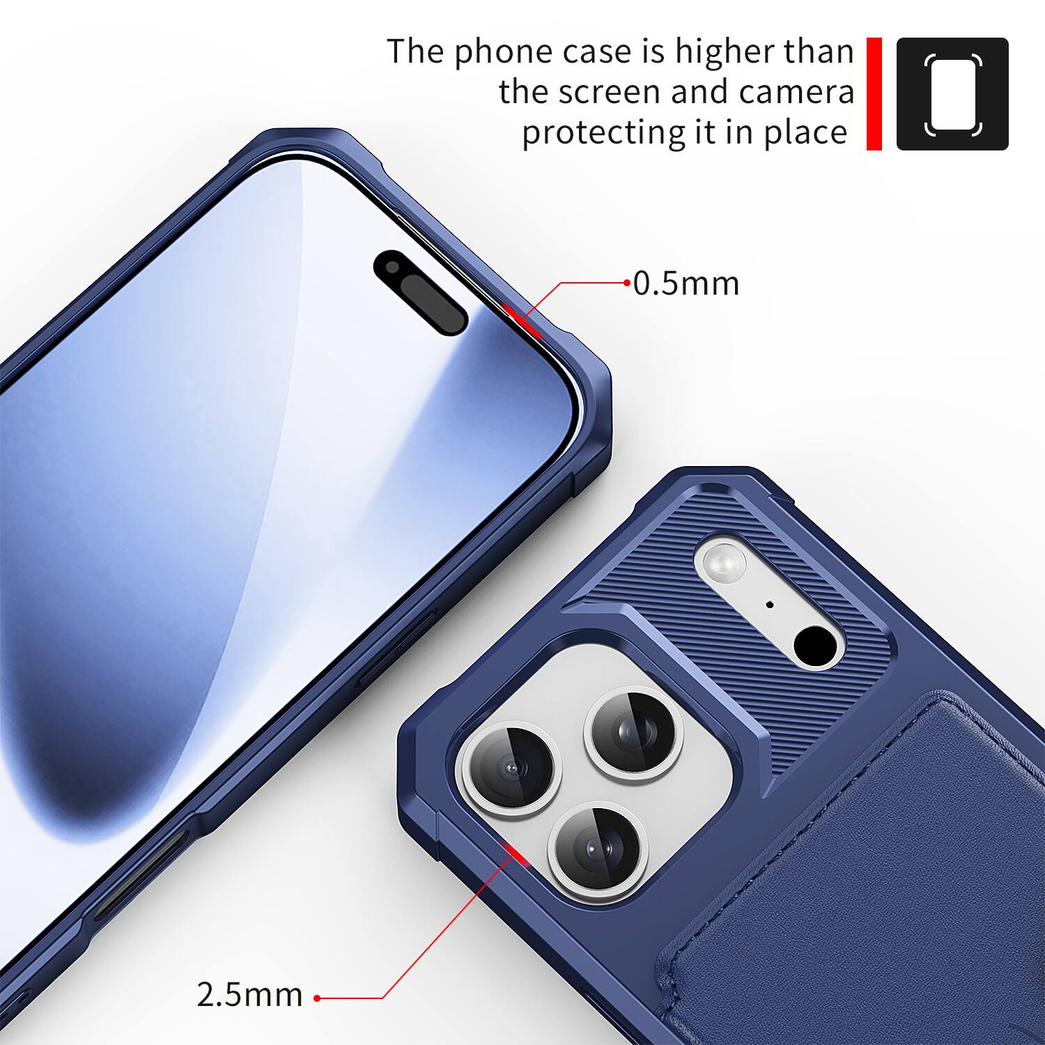 The phone case is higher than the screen and camera protecting it in place. 0.5mm 2.5mm