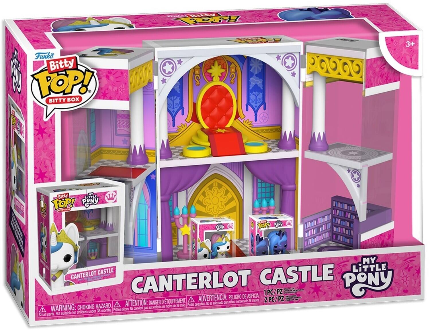 Sure, here is the corrected and grouped text from the image:

---

**Funko Bitty POP! BITTY BOX**

**MY LITTLE PONY**

**CANTERLOT CASTLE**

**1 PC/PZ**

**ADVERTENCIA: PELIGRO DE ASFIXIA. DANGER D'ÉTOUFFEMENT. ATTENTION: CHOKING HAZARD.**

**WARNING: Small parts. Not suitable for children under 36 months.**

**1 PC/PZ**

**2 PC/PZ**

**3+**

---

This text is organized to reflect the information on the packaging, including the product name, brand, age recommendation, and safety warnings.