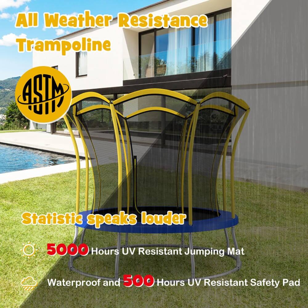 All Weather Resistance Trampoline

ASTM

Statistic speaks louder

- 5000 Hours UV Resistant Jumping Mat
- Waterproof and 500 Hours UV Resistant Safety Pad