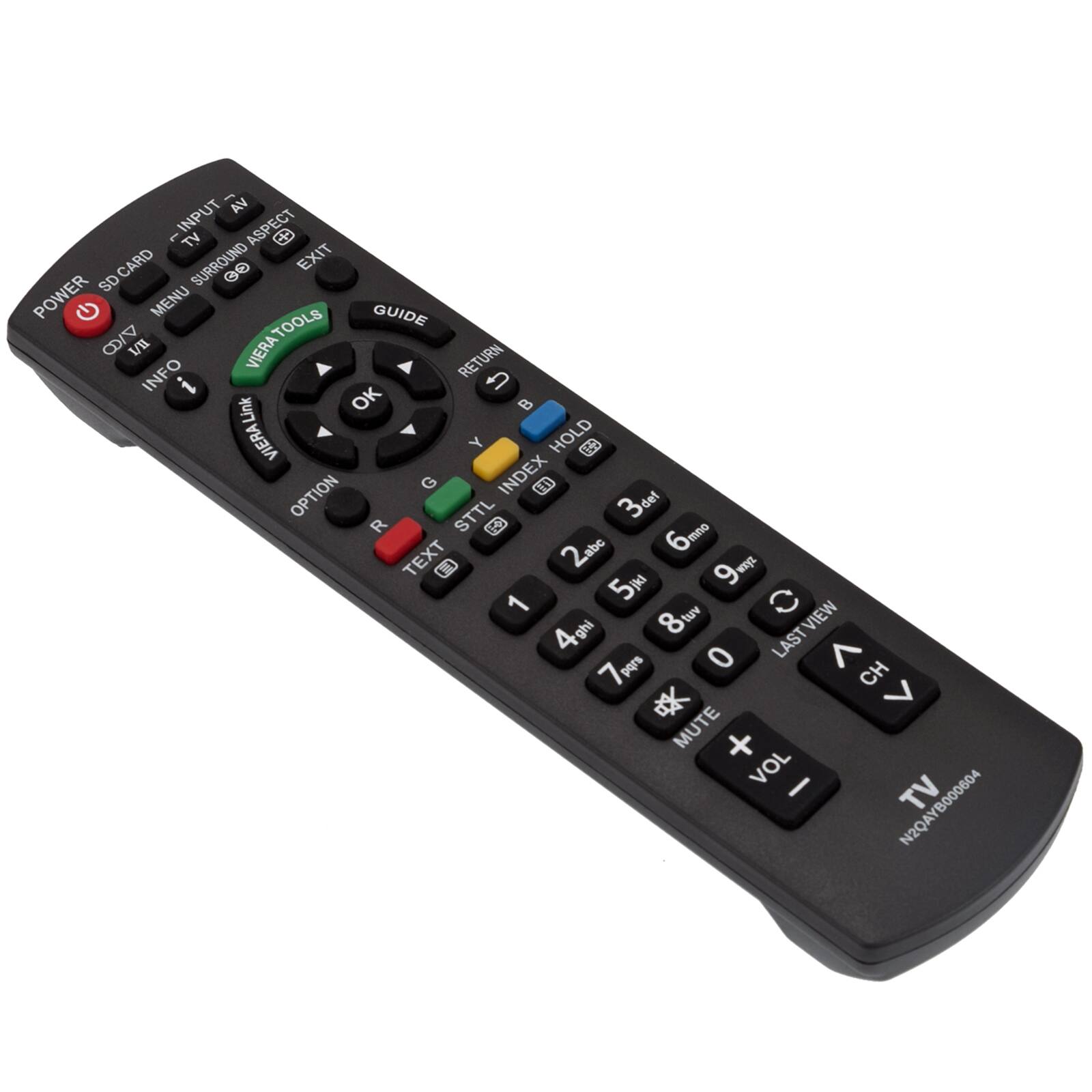 Sure, here is the corrected and grouped text from the image:

---

**Top Row:**
- AV INPUT
- TV CARD
- SURROUND
- EXIT
- SD
- POWER

**Second Row:**
- MENU
- GUIDE
- VIERATOOLS
- TOOLS
- INFO
- RETURN
- OK

**Middle Row:**
- VIERA Link
- HOLD
- OPTION
- INDEX
- TEXT
- 3 set
- 6 mno
- 9 y
- 5 9k
- 2 abc
- 8 tuv
- 1
- 4 ghi
- 7 pqrs
- 0
- LASTVIEW
- CH

**Bottom Row:**
- MUTE
- VOL
- TV

**Additional Text:**
- N2QA/800004

---

This should match the layout and labels on the remote control.