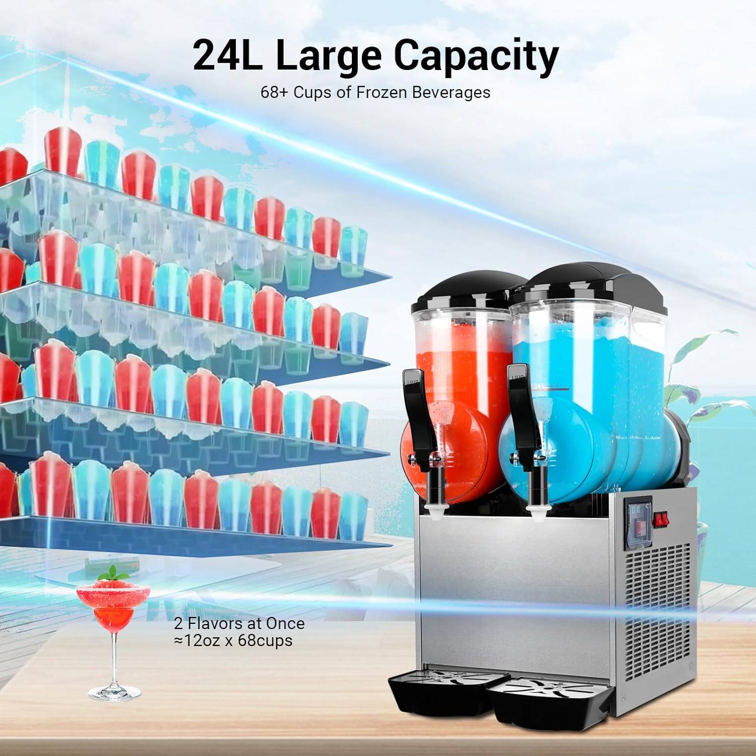 24L Large Capacity  
68+ Cups of Frozen Beverages  

2 Flavors at Once  
≈12oz x 68 cups
