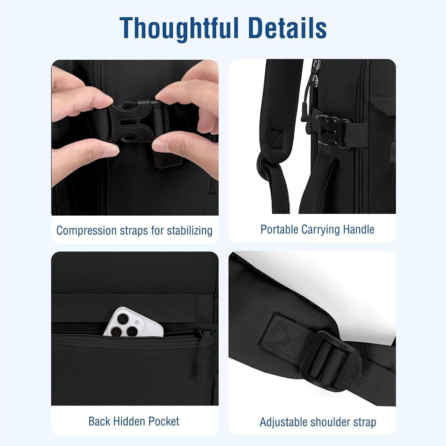 Thoughtful Details

- Compression straps for stabilizing
- Portable Carrying Handle
- Back Hidden Pocket
- Adjustable shoulder strap