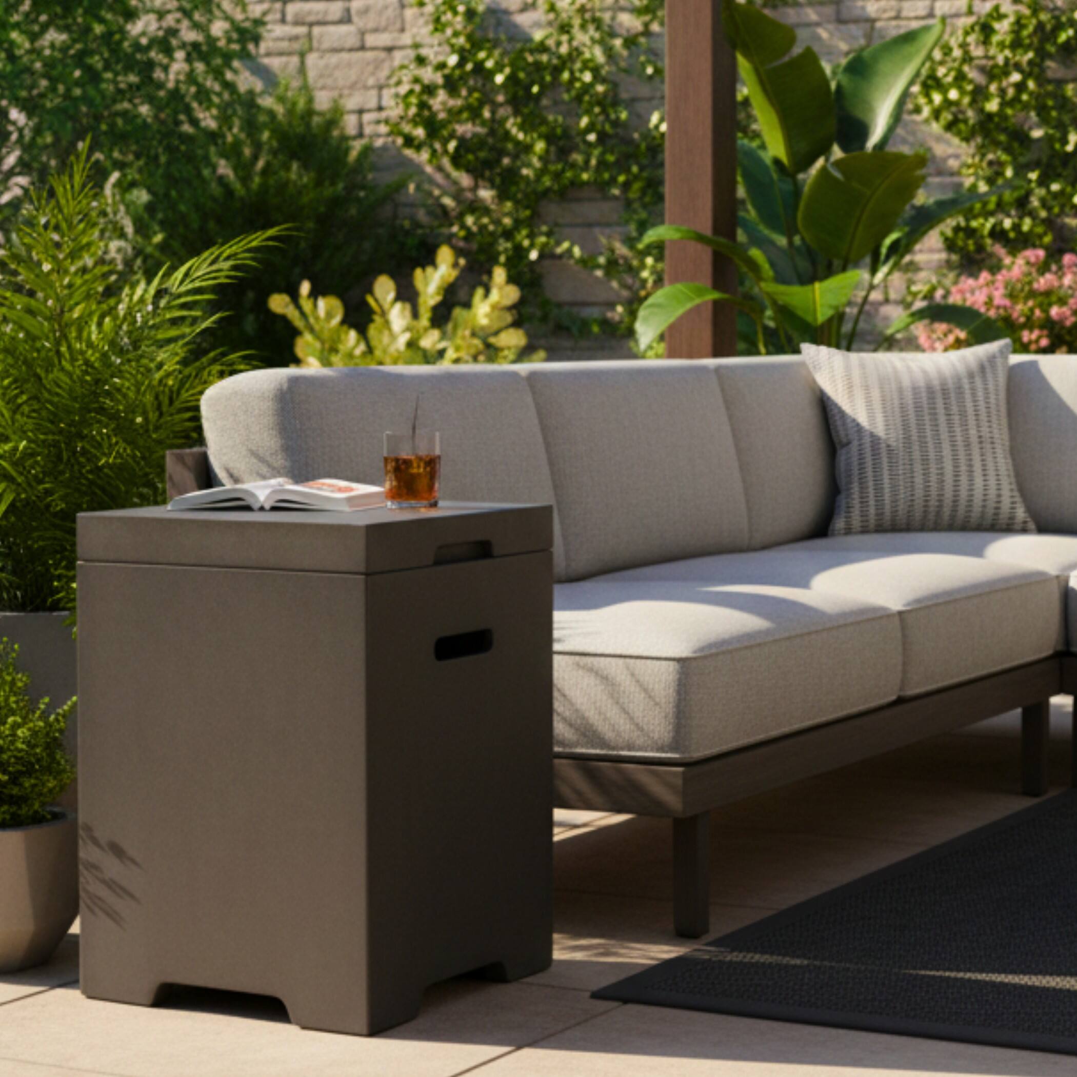 Left. Mondawe - 16 Inch Outdoor Propane Tank Cover and Side Table - Dark Gray.