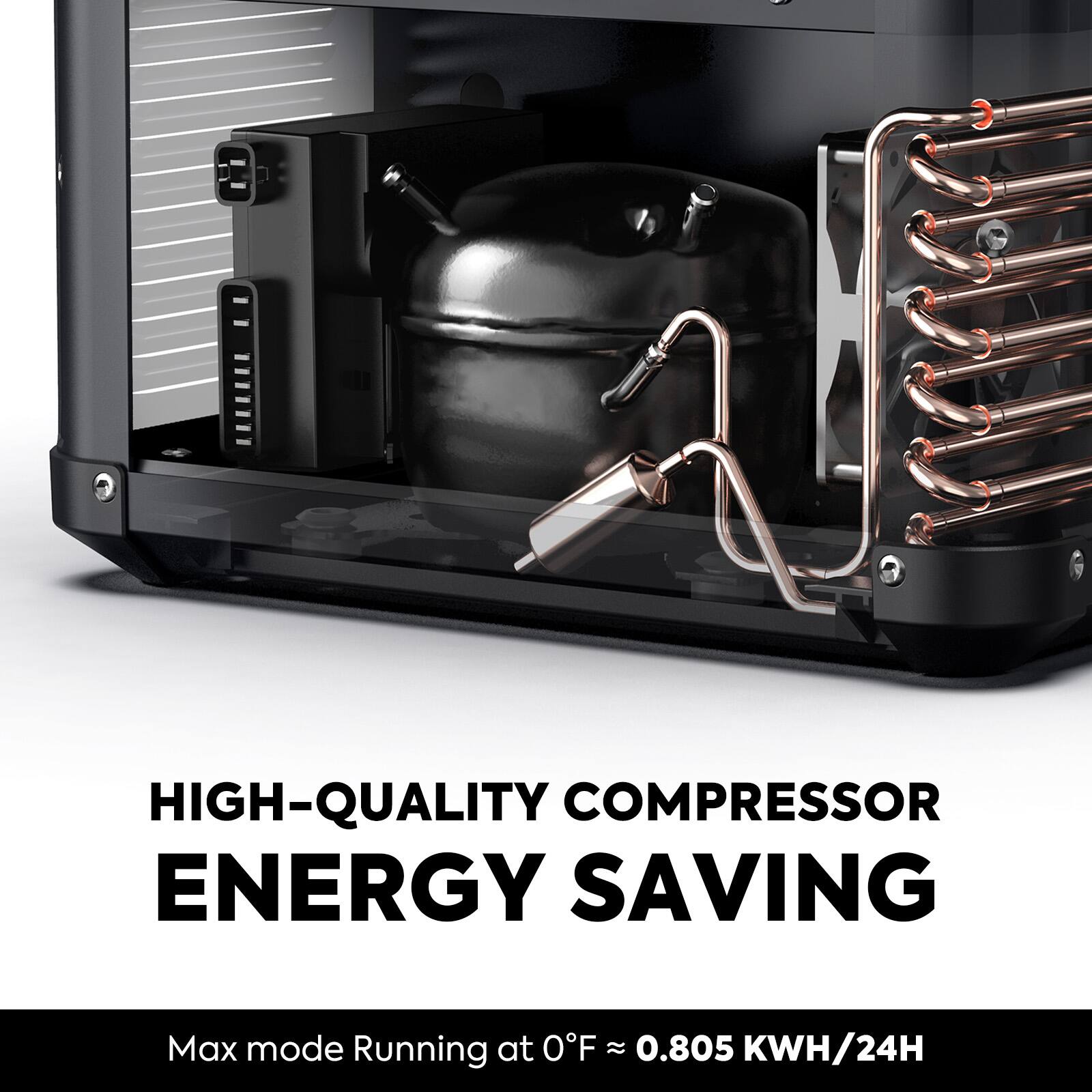 HIGH-QUALITY COMPRESSOR ENERGY SAVING  
Max mode Running at 0°F ≈ 0.805 KWH/24H