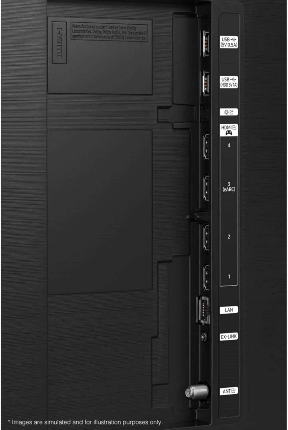 H Manufactured license menl Dolby Laboratories Dolby Dally Aodle al the C-aidoo symbolare trademarasc of Dolby Laboratories USB (5V 0.5A) USB (HDD 5V1A) HDMI 4 3 (eARC) 2 1 LAN EX-LINK ANT Images are simulated and for illustration purposes only.