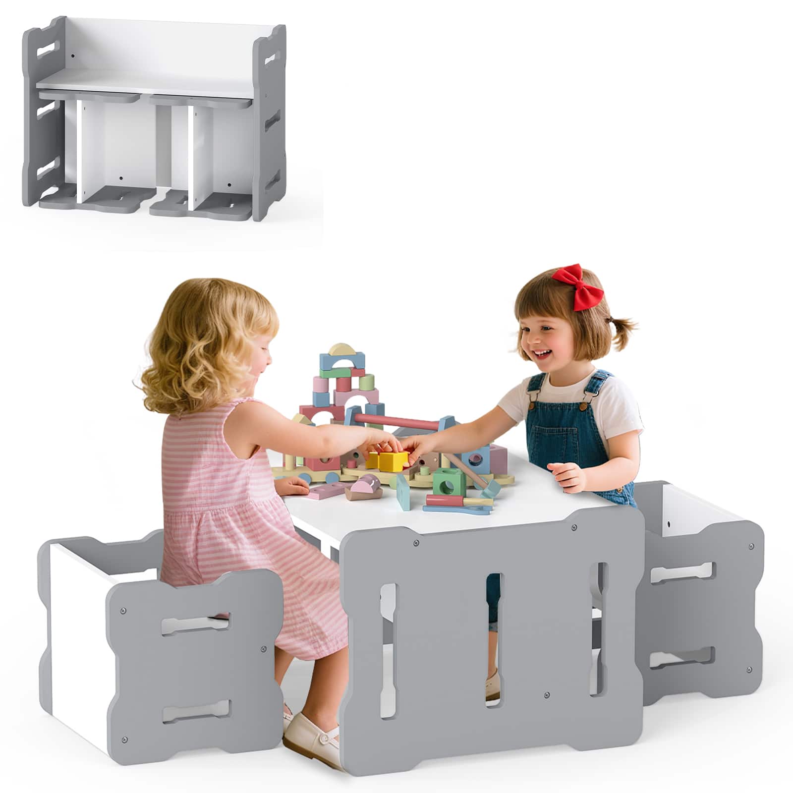 Gymax - Kids Table & Chair Set 3-Piese Toddler Set w/2 Stools & Activity Table - Gray