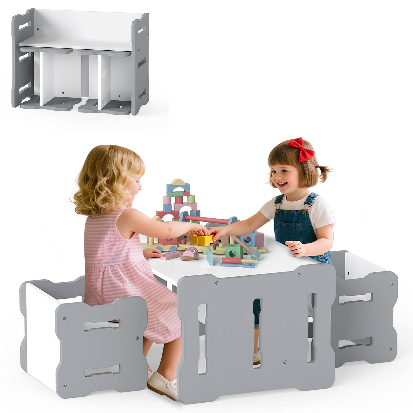 Gymax - Kids Table & Chair Set 3-Piese Toddler Set w/2 Stools & Activity Table - Gray
