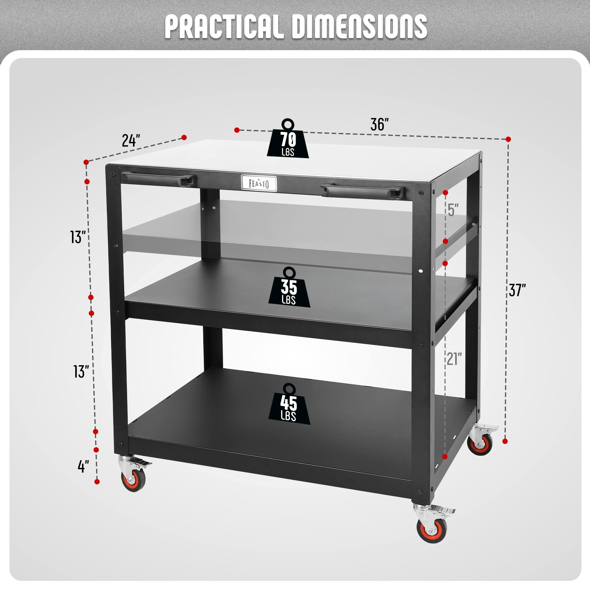 PRACTICAL DIMENSIONS

- 24" x 36" x 37" (L x W x H)
- 13" (Depth of shelves)
- 4" (Height from floor to bottom shelf)
- 70 LBS (Top shelf capacity)
- 35 LBS (Middle shelf capacity)
- 45 LBS (Bottom shelf capacity)