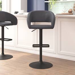 Emma + Oliver - Shae Contemporary Upholstered Adjustable Height Barstool with Rounded, Cutout Mid-Back and Pedestal Base - Gray Vinyl/Black Frame