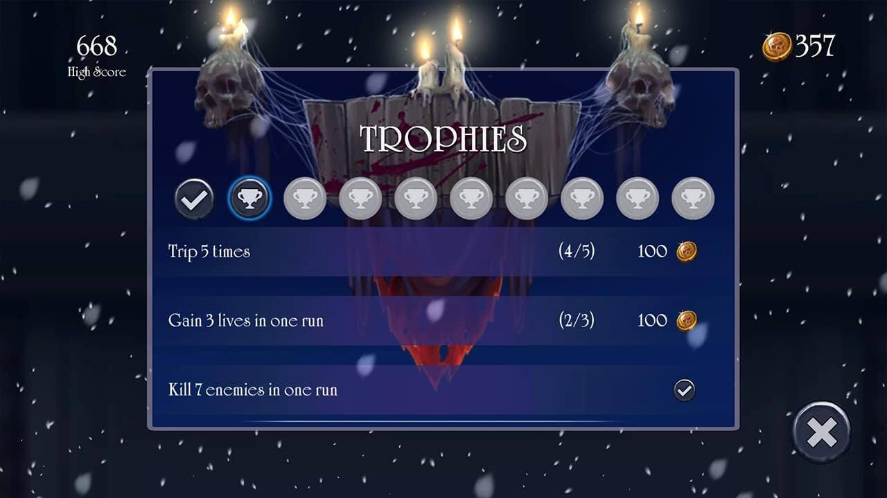 668 High Score  
357 Trophies  

Trip 5 times (4/5) 100  
Gain 3 lives in one run (2/3) 100  
Kill 7 enemies in one run