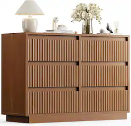 Koligey - 6-Drawer Dresser 47"W Double Dresser With Waveform Fluted Panel - walnut