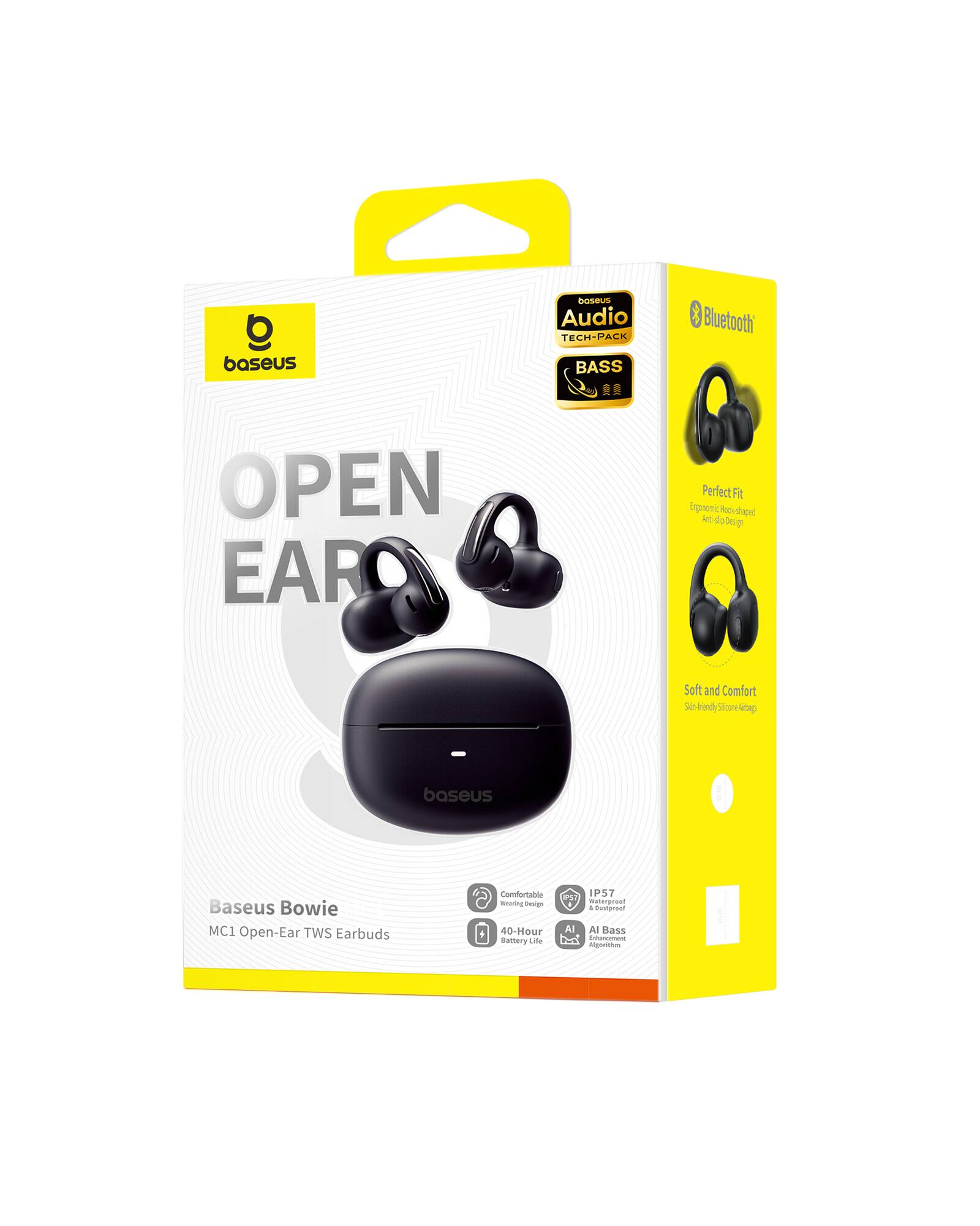 Baseus Bowie  
MC1 Open-Ear TWS Earbuds  

Audio TECH-PACK  
BASS  

Bluetooth  

Perfect Fit  
Ergonomic Design  
Anti-drop Design  

Soft and Comfort  
Skin-friendly Silicone Materials  

Comfortable  
Wearing Design  

IP57  
Waterproof & Dustproof  

40-Hour Battery Life  

AI Bass  
Enhancement Algorithm  

Baseus