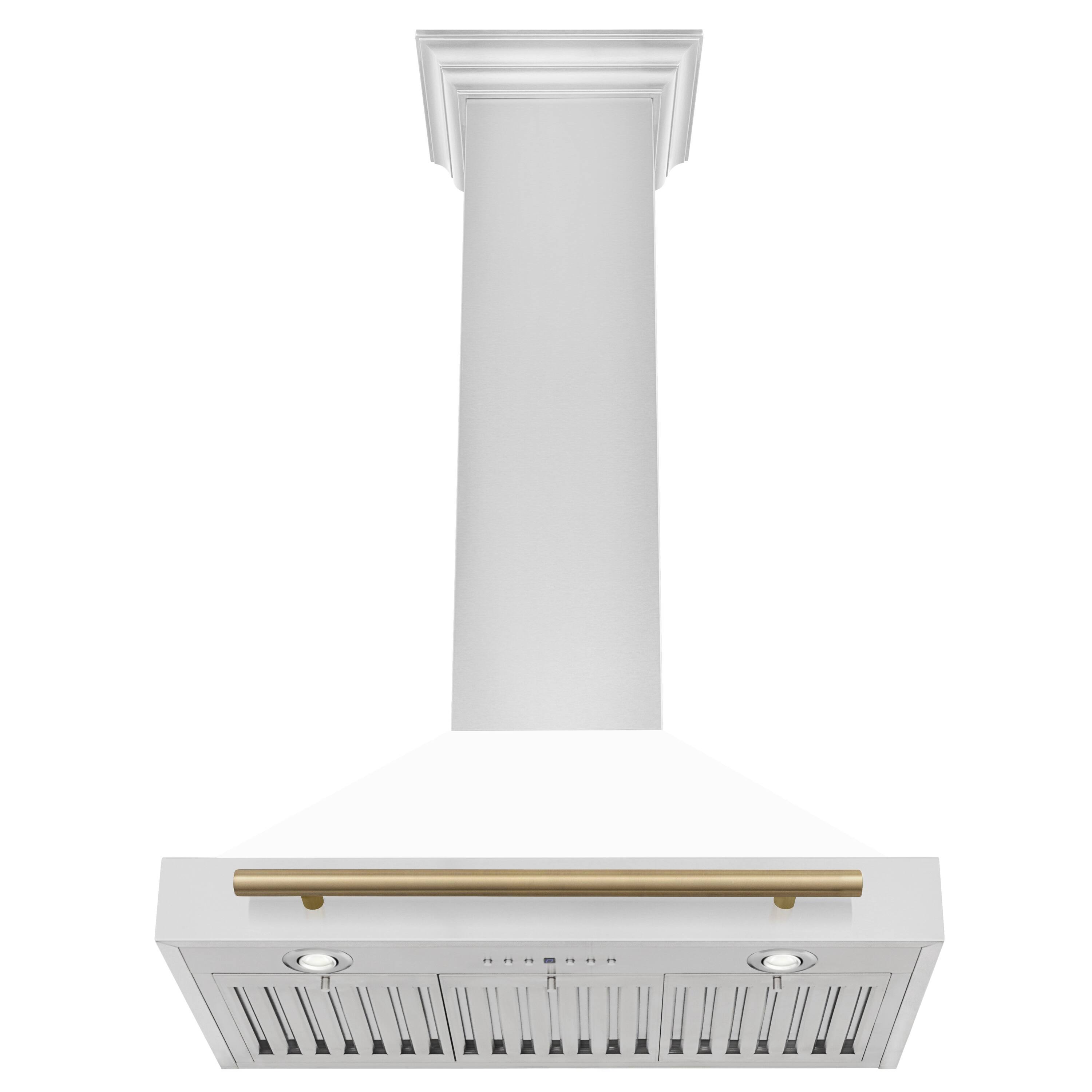 Angle. ZLINE - ZLINE 30 in. Autograph Edition Convertible Stainless Steel Range Hood with White Matte Shell and Champagne Accents - White Matte.