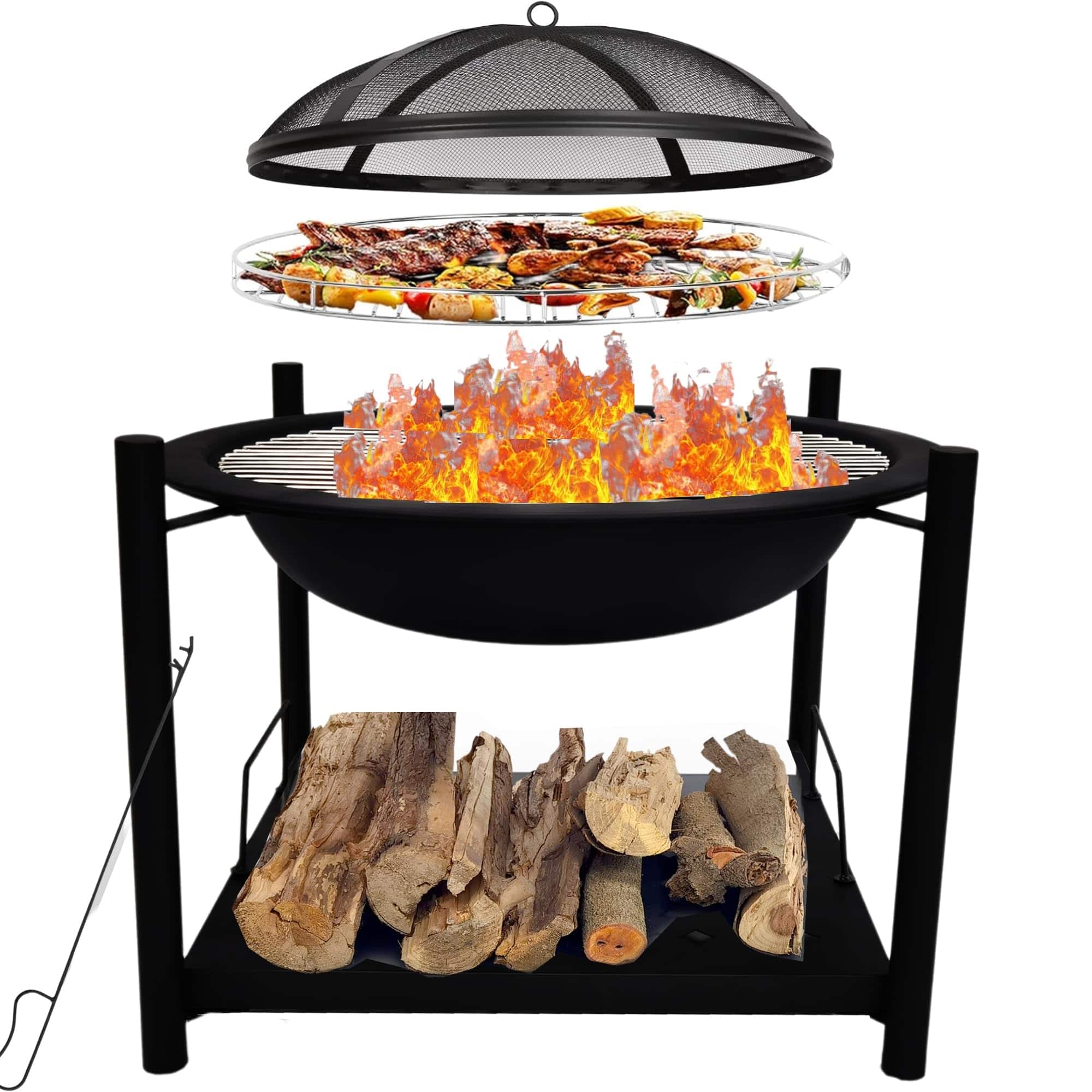 SereneLife - Outdoor Wood Fire Pit, 26" Steel BBQ Grill with Mesh Spark Screen, Fire Poker & Cover - SLCARFP54 - Black