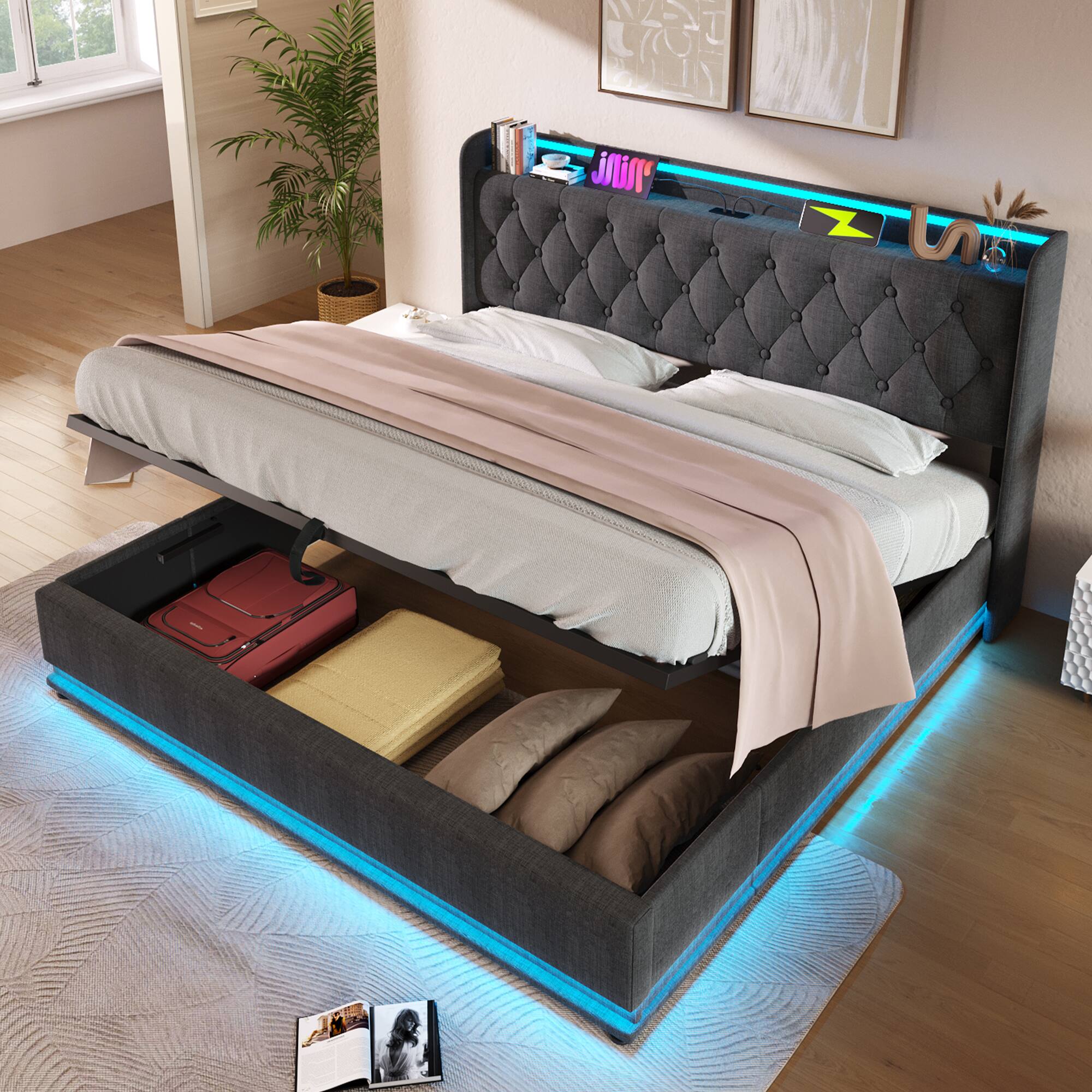 Angle. LUCKY ONE - King size Linen Upholstered Bed Frame with 360 surround LED function and USB Type-C charging - Gray.