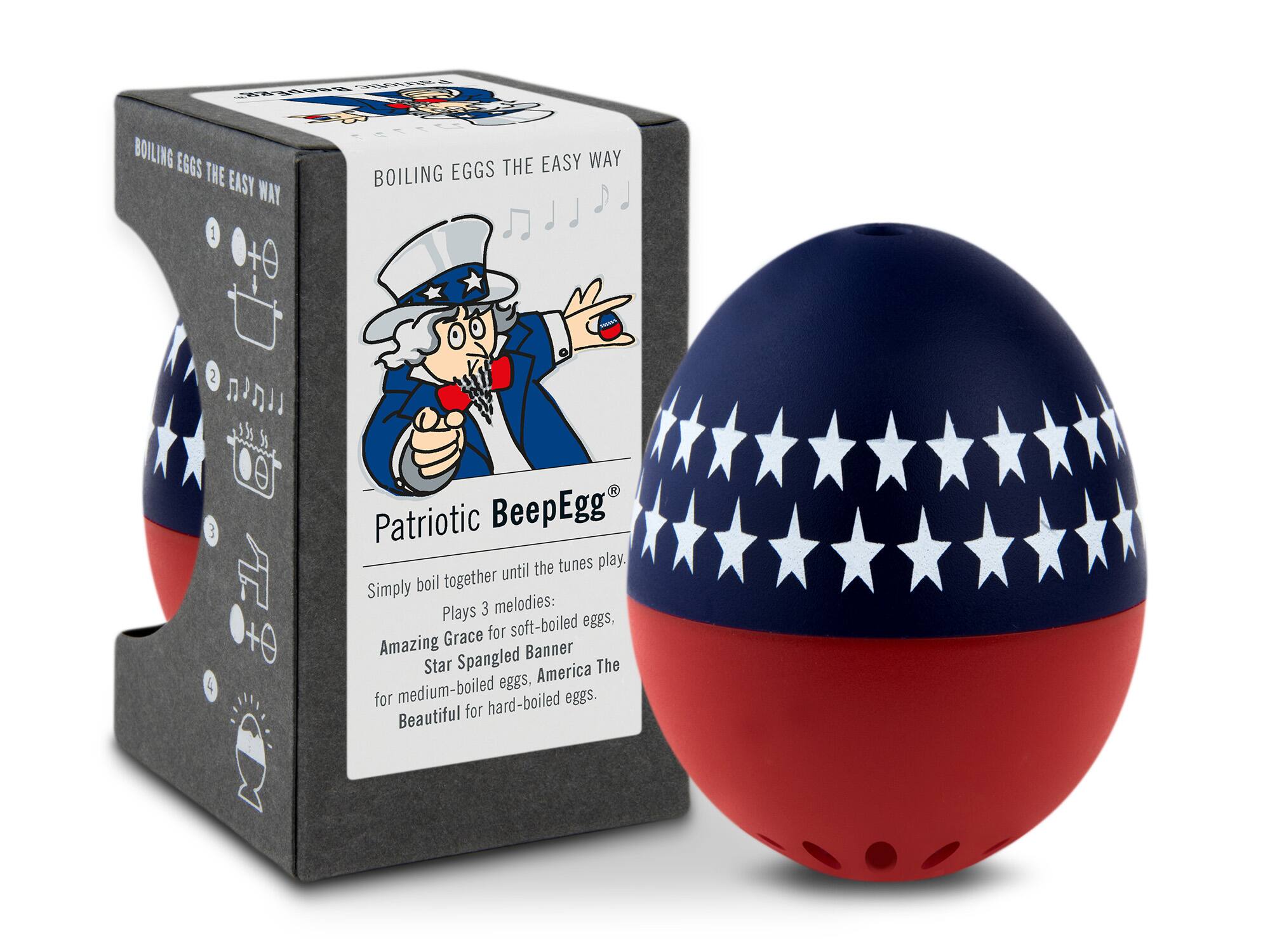 BOILING EGGS THE EASY WAY

1. Simply boil oil together until the tunes play.
2. Patriotic BeepEgg®
3. Plays 3 melodies:
   - Amazing Grace for soft-boiled eggs,
   - Star Spangled Banner for medium-boiled eggs,
   - Beautiful for hard-boiled eggs.