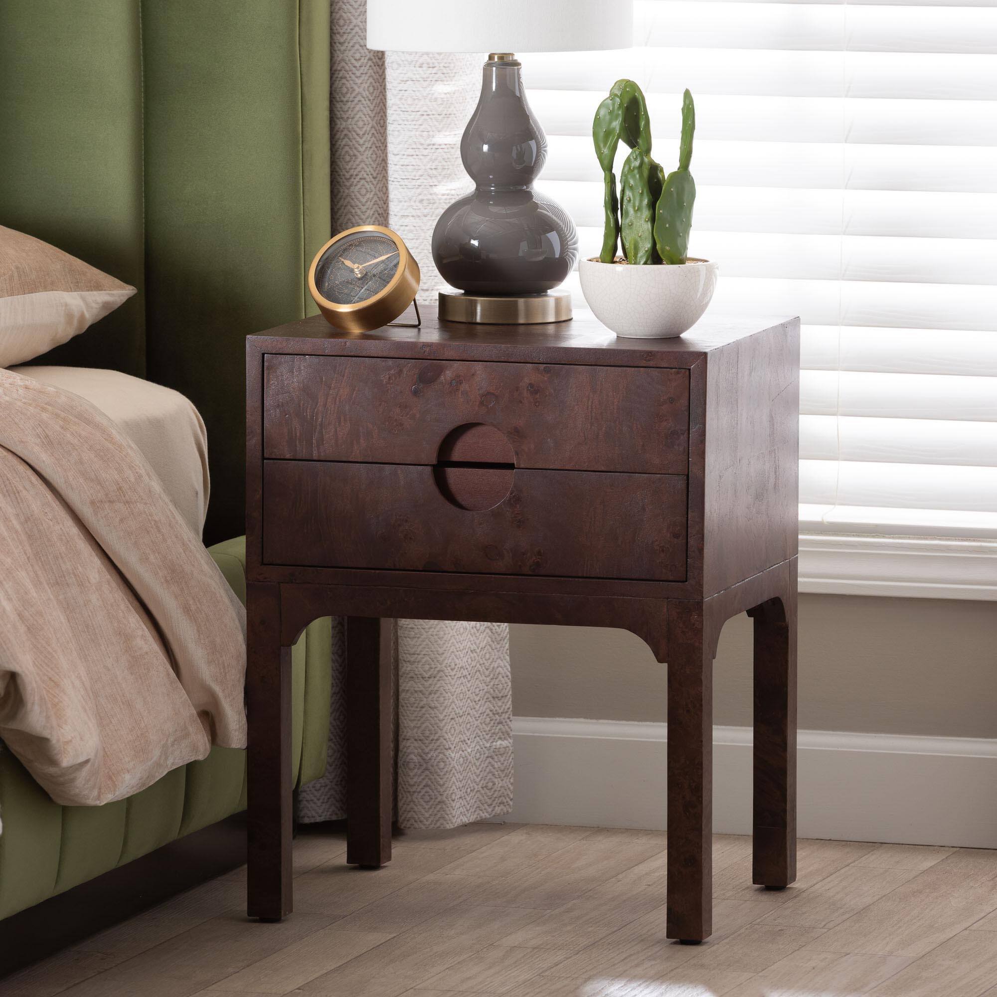 Alt View 4. bali & pari - Kayla Real Burl Wood Nightstand - Modern Bedside Table with Two Drawers and Cutout Handle Design - Dark Walnut.