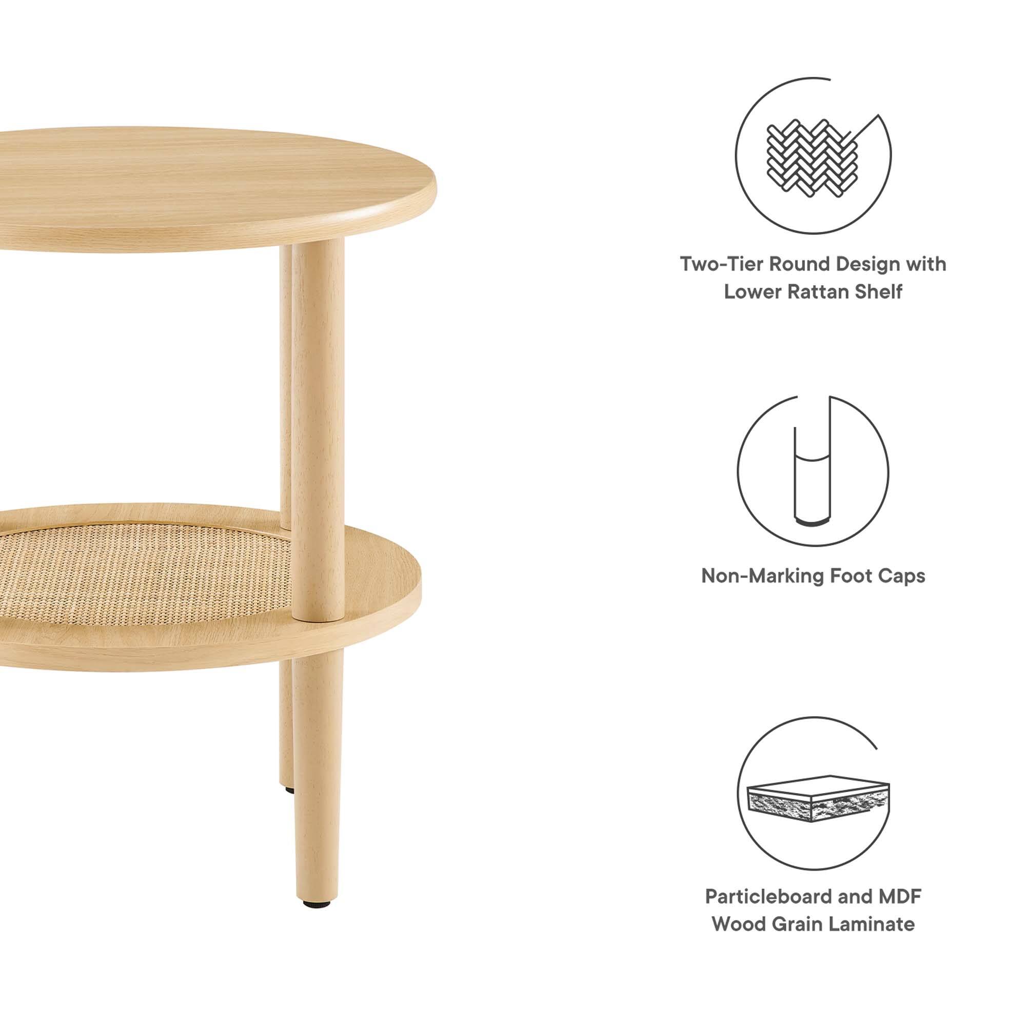 Two-Tier Round Design with Lower Rattan Shelf  
Non-Marking Foot Caps  
Particleboard and MDF Wood Grain Laminate