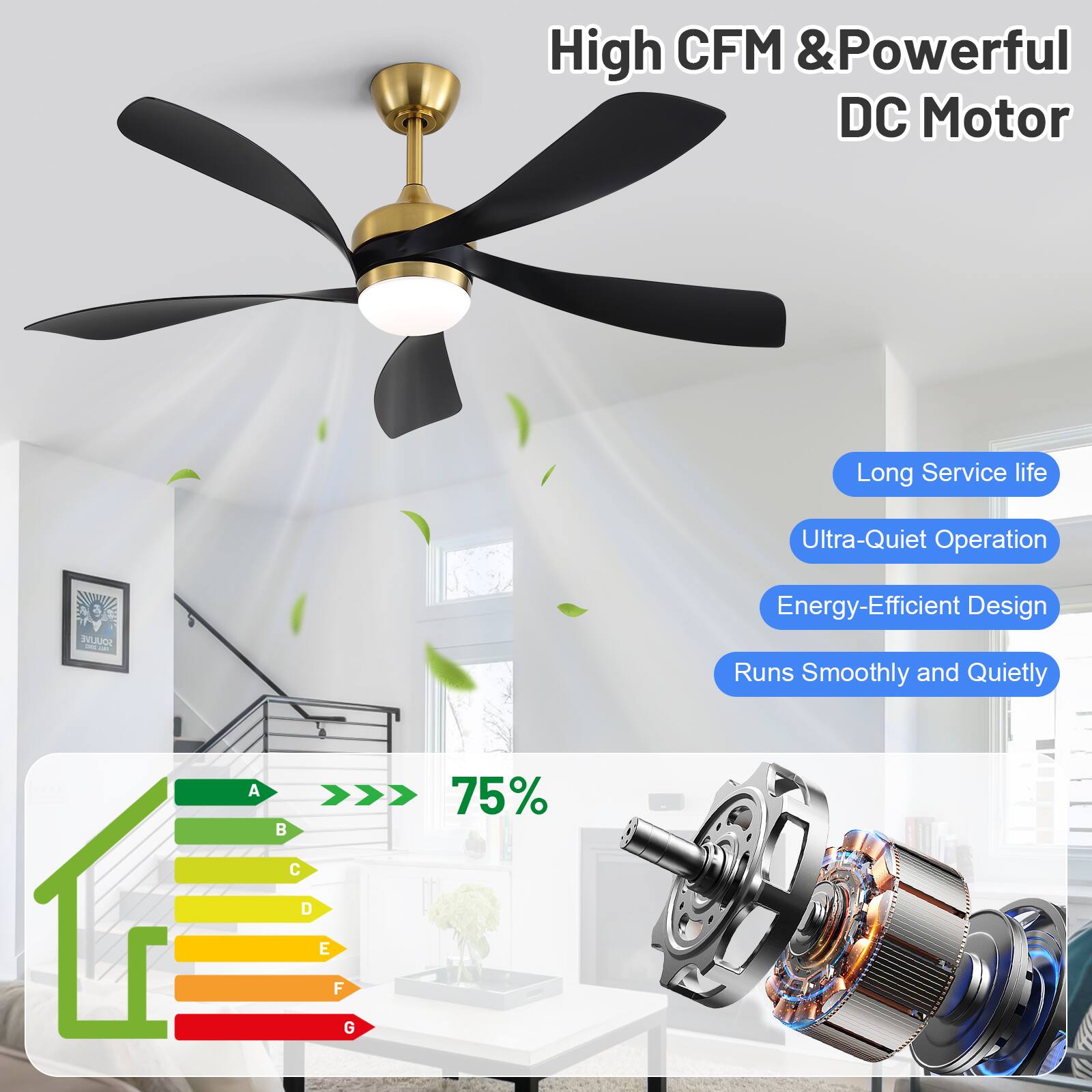 High CFM & Powerful DC Motor  
Long Service life  
Ultra-Quiet Operation  
Energy-Efficient Design  
Runs Smoothly and Quietly  

75%