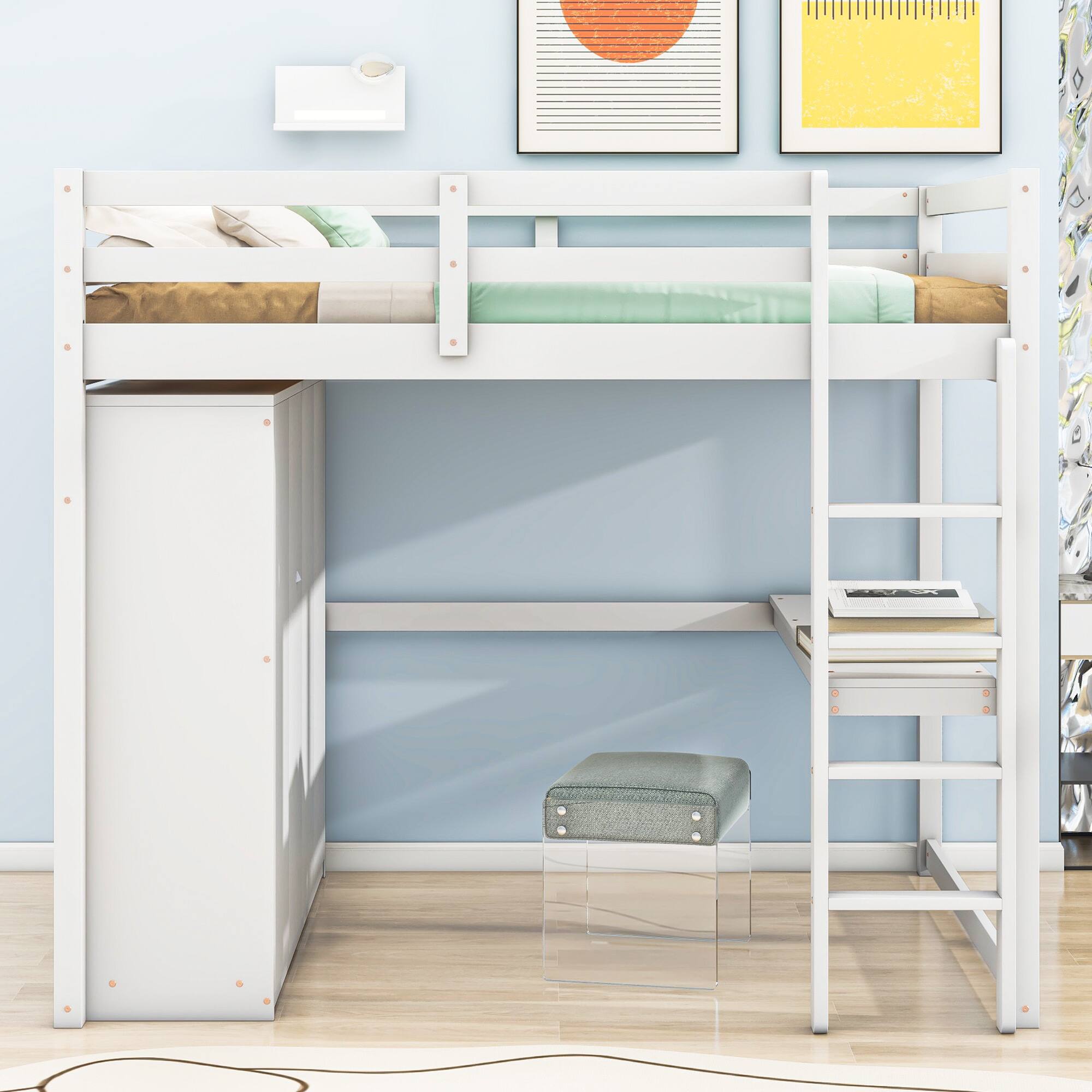 Angle. Whisen - Full Size Loft Bed with Wardrobe, Desk, Storage Shelves and Drawers, Wood Bedroom Furniture - White.