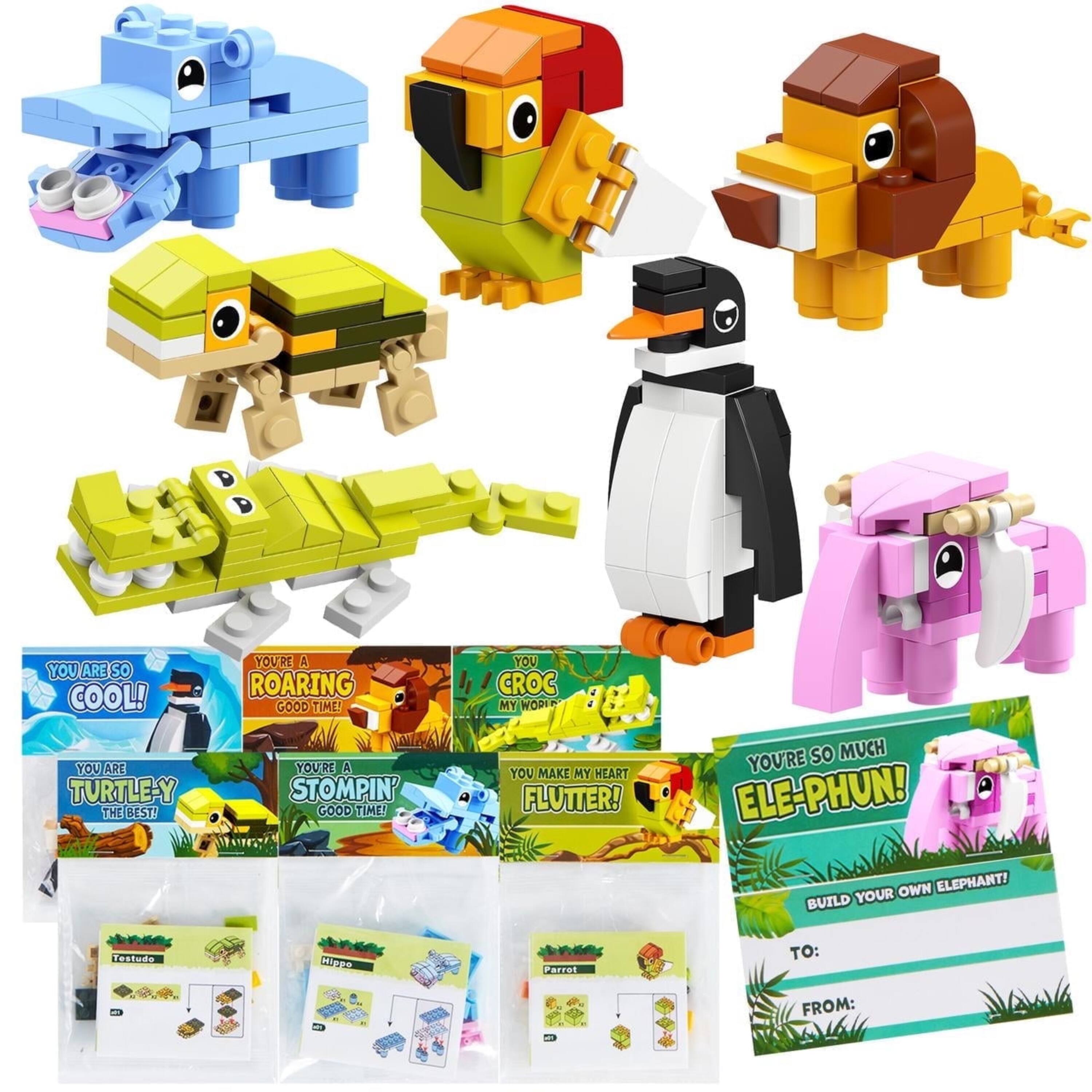 28 Packs Valentine’s Day Gift Cards with Animal Building Blocks for Kids Valentine's Classroom Exchange Toy Party Favor