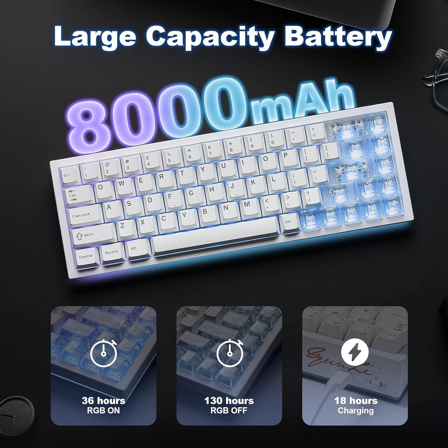 Large Capacity Battery 8000mAh

- 36 hours RGB ON
- 130 hours RGB OFF
- 18 hours Charging