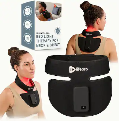 8 Ia. lifepro NECK SOOTHES SHOULDERS B SKIN SUPPORTS HEALTH OELANKES LUMINOVA PRO P PERFECT THE GIFT RED LIGHT THERAPY FOR NECK & CHEST ltupro lifepro ae
