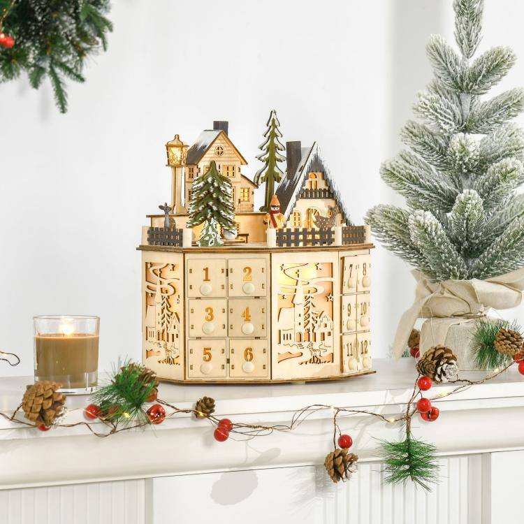 Alt View 1. PULUZ - Christmas Advent Calendar, Light Up Table Xmas Wooden Holiday Decoration with Countdown Drawers and Village - Natural Wood.