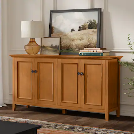 Front. Simpli Home - Simpli Home Amherst 66 inch Wide Solid Wood Transitional 4 Door Storage Cabinet in Light Golden Brown - Light Golden Brown.