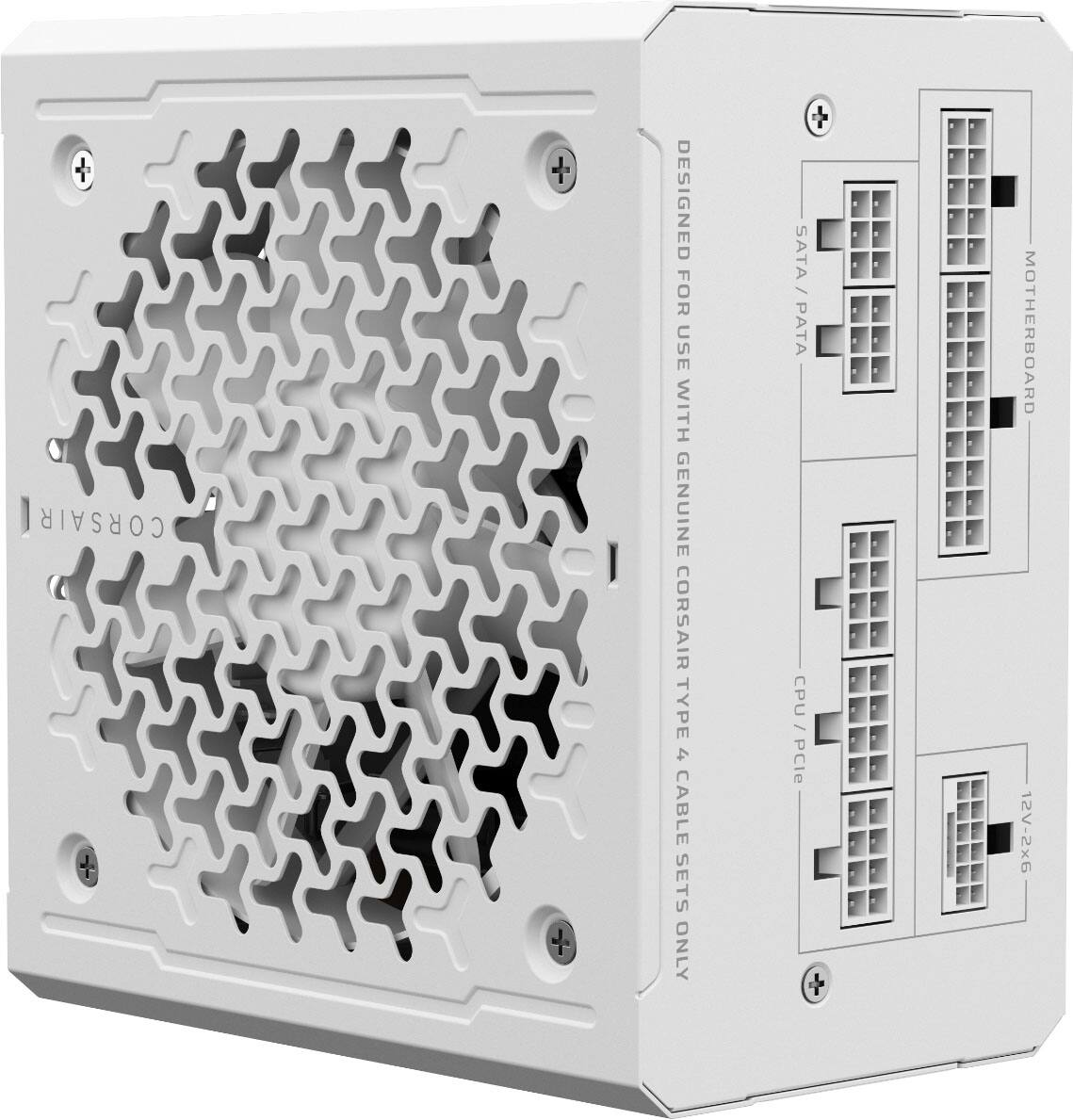 The image shows a white box with a SATA / PATA CPU - PCle Motherboard 12V-2x6 written on it. The box is designed for use with genuine Corsair type 4 cable sets only.
