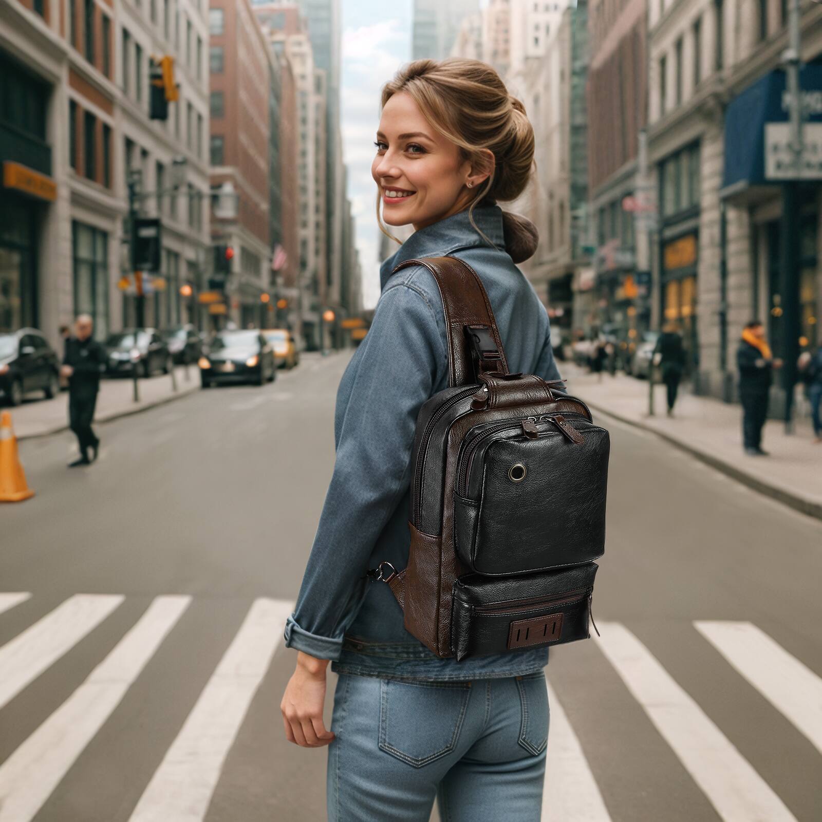 Alt View 5. Unique Bargains - Vintage PU Leather Sling Backpack for Men Women Crossbody Bag Compact Backpack for Travel Daily Use and Gift - Black.